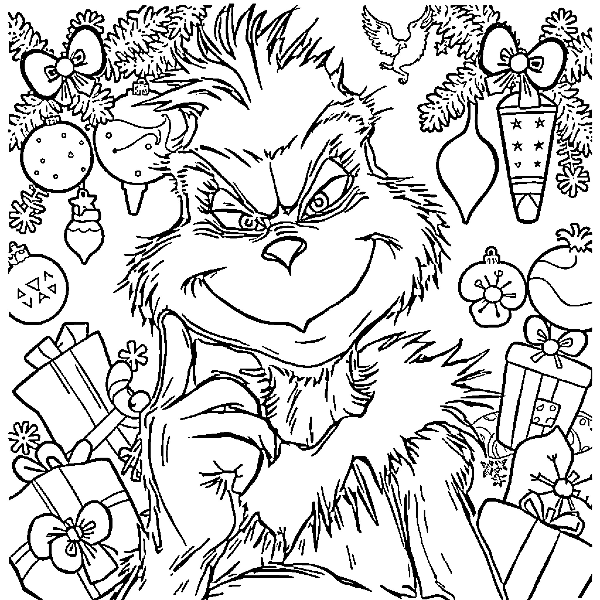 Grinch's Mischievous Holiday Celebrations Coloring Page (free black-and-white line drawing printable PDF for all, from beginners to advanced learners, including children, teens, adults, and seniors)