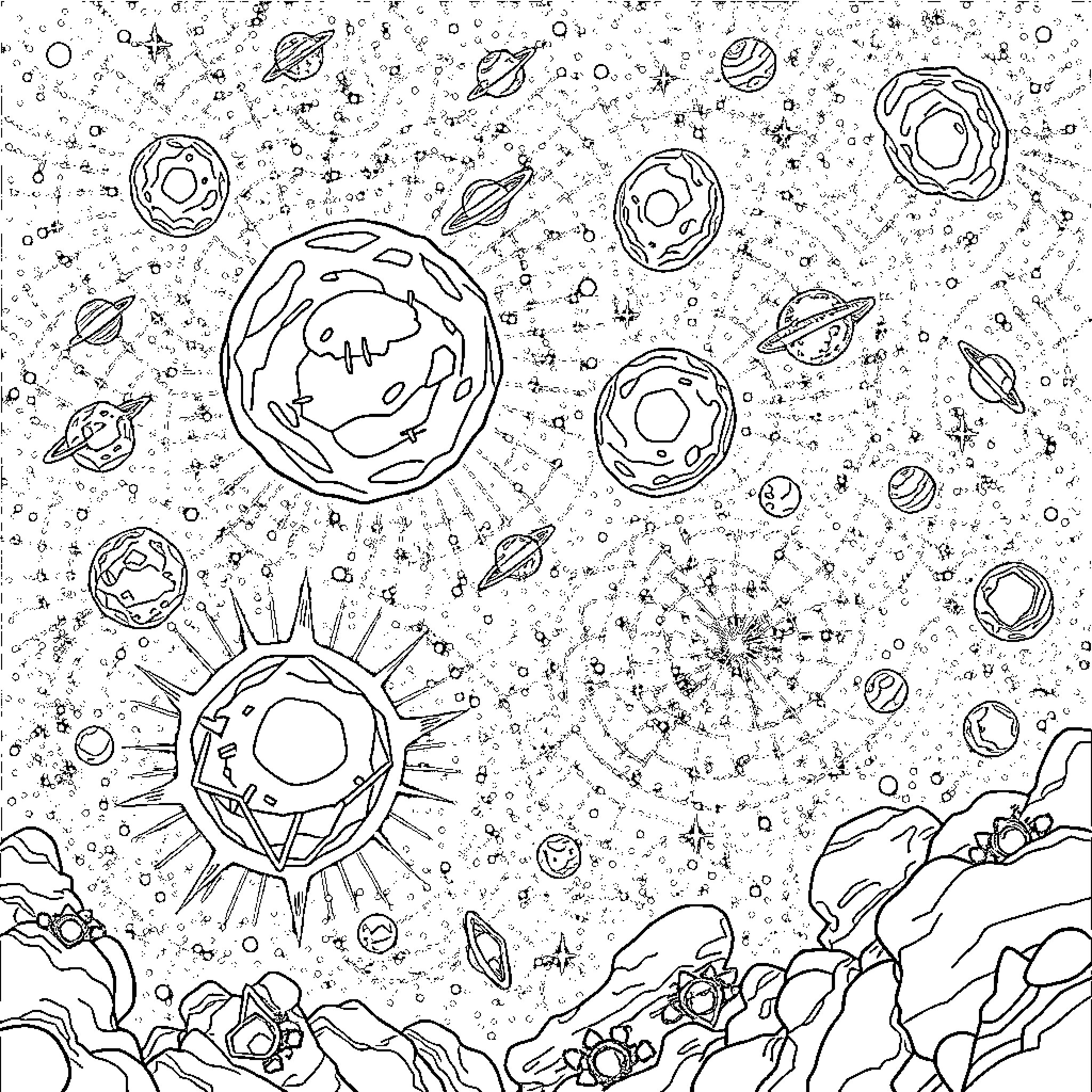 Assortment of cosmic objects floating in space Coloring Page (free black-and-white line drawing printable PDF for all, from beginners to advanced learners, including children, teens, adults, and seniors)
