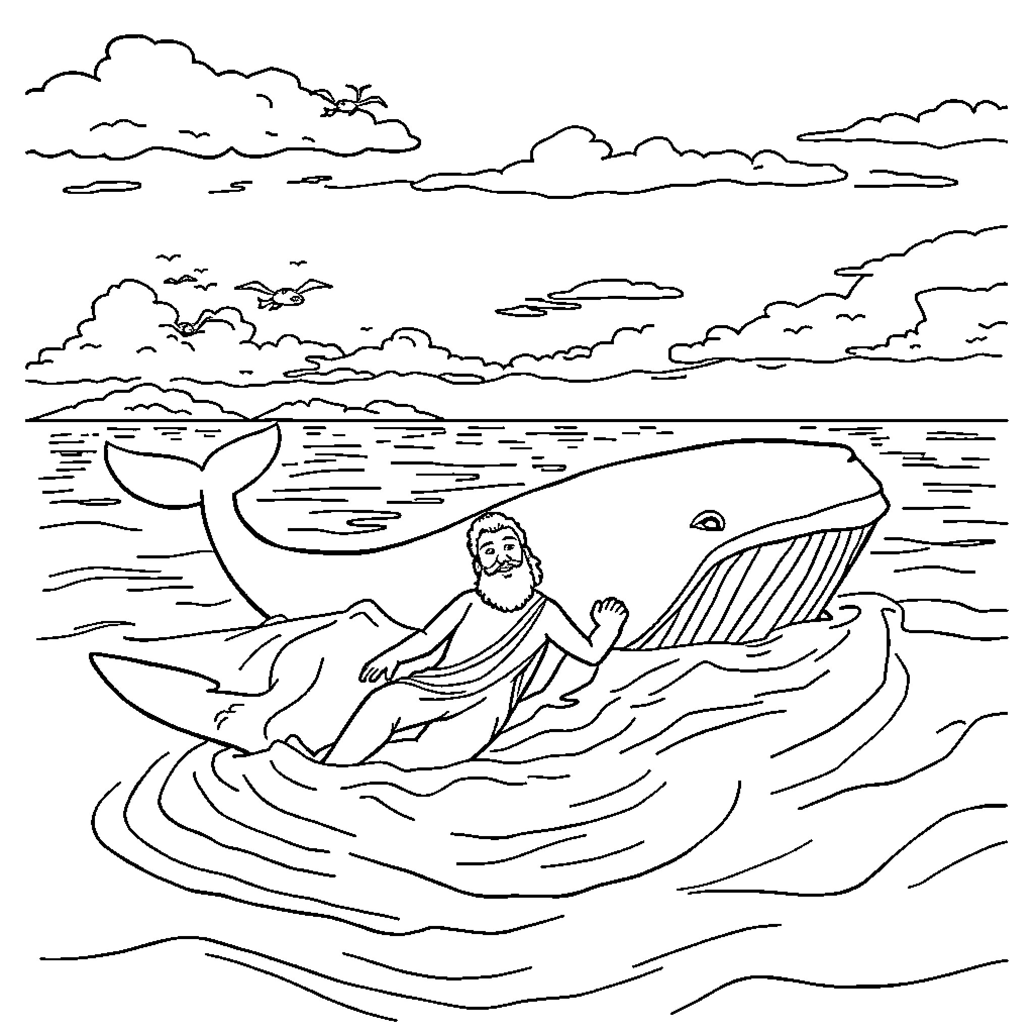 Whale carrying a person in the ocean Coloring Page (free black-and-white line drawing printable PDF for all, from beginners to advanced learners, including children, teens, adults, and seniors)