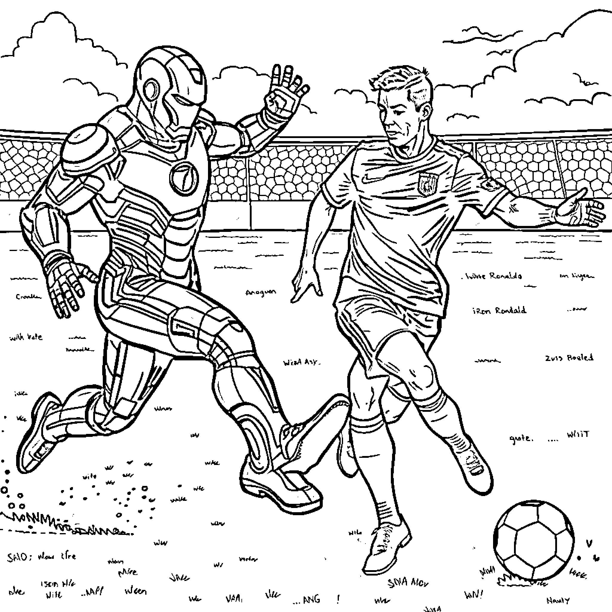 Iron Man Challenges Soccer Player in Sports Match Coloring Page (free black-and-white line drawing printable PDF for all, from beginners to advanced learners, including children, teens, adults, and seniors)