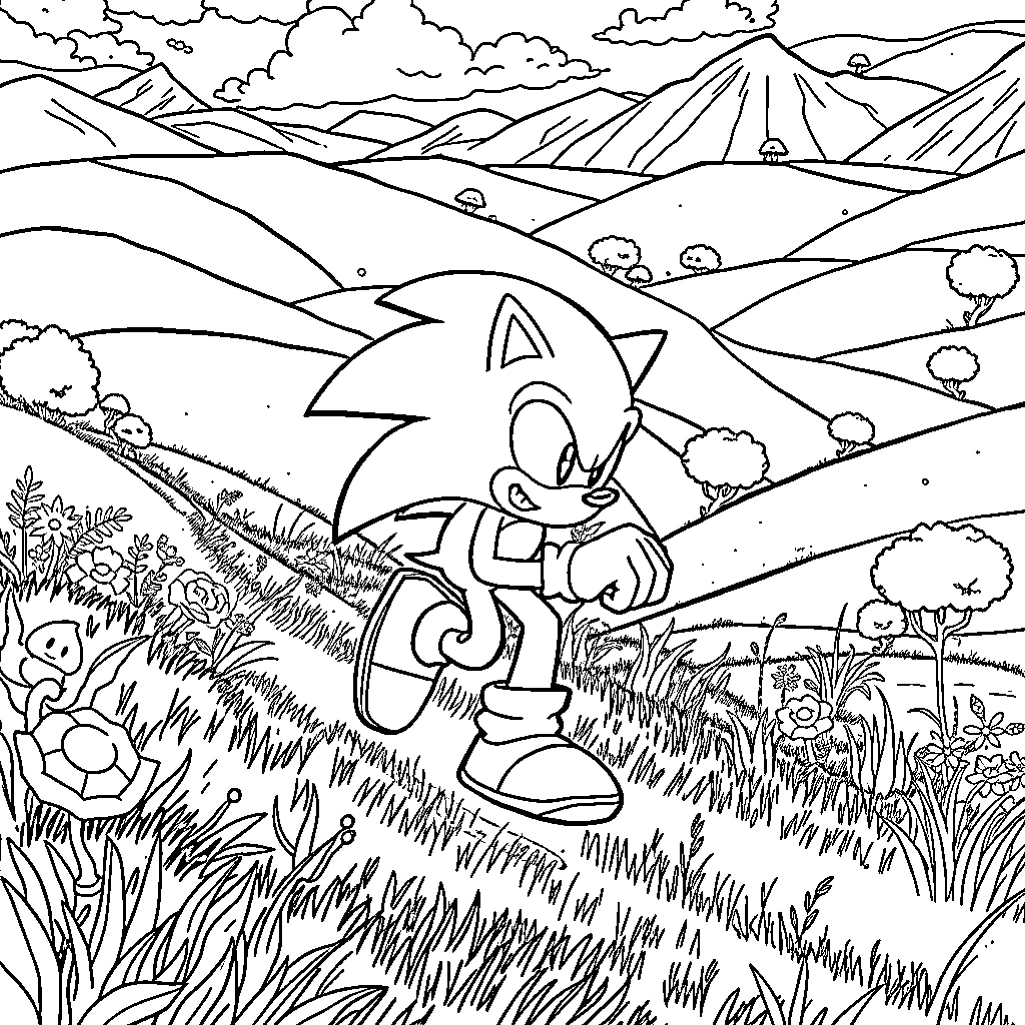 Sonic's Peaceful Adventure in the Countryside Coloring Page (free black-and-white line drawing printable PDF for all, from beginners to advanced learners, including children, teens, adults, and seniors)