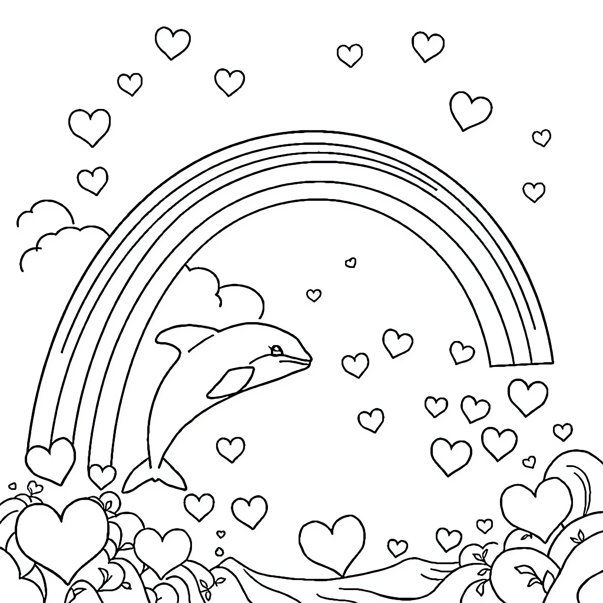 Dolphin swimming among heart-shaped clouds and rainbows Coloring Page (free black-and-white line drawing printable PDF for all, from beginners to advanced learners, including children, teens, adults, and seniors)