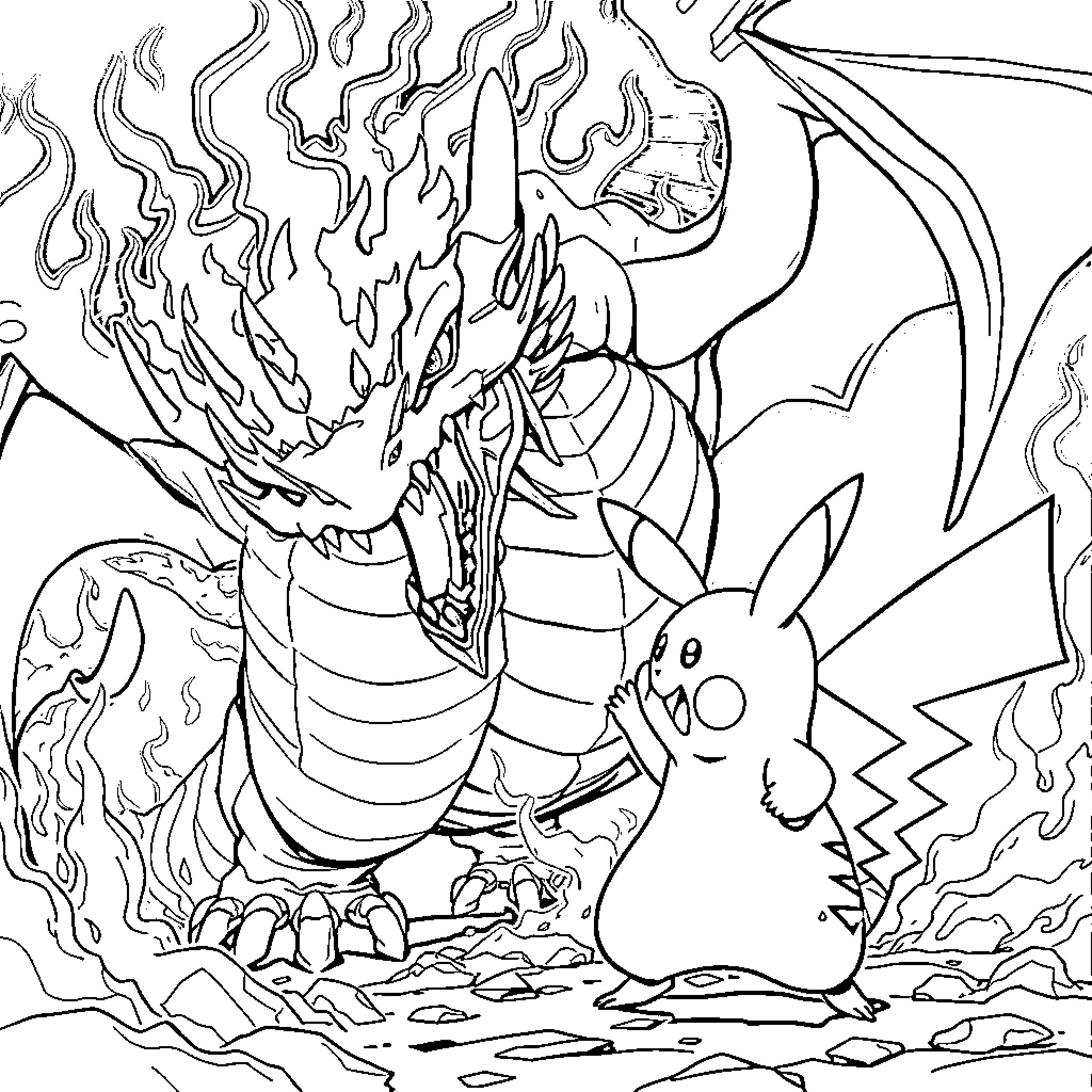 Pikachu facing a fierce dragon Coloring Page (free black-and-white line drawing printable PDF for all, from beginners to advanced learners, including children, teens, adults, and seniors)