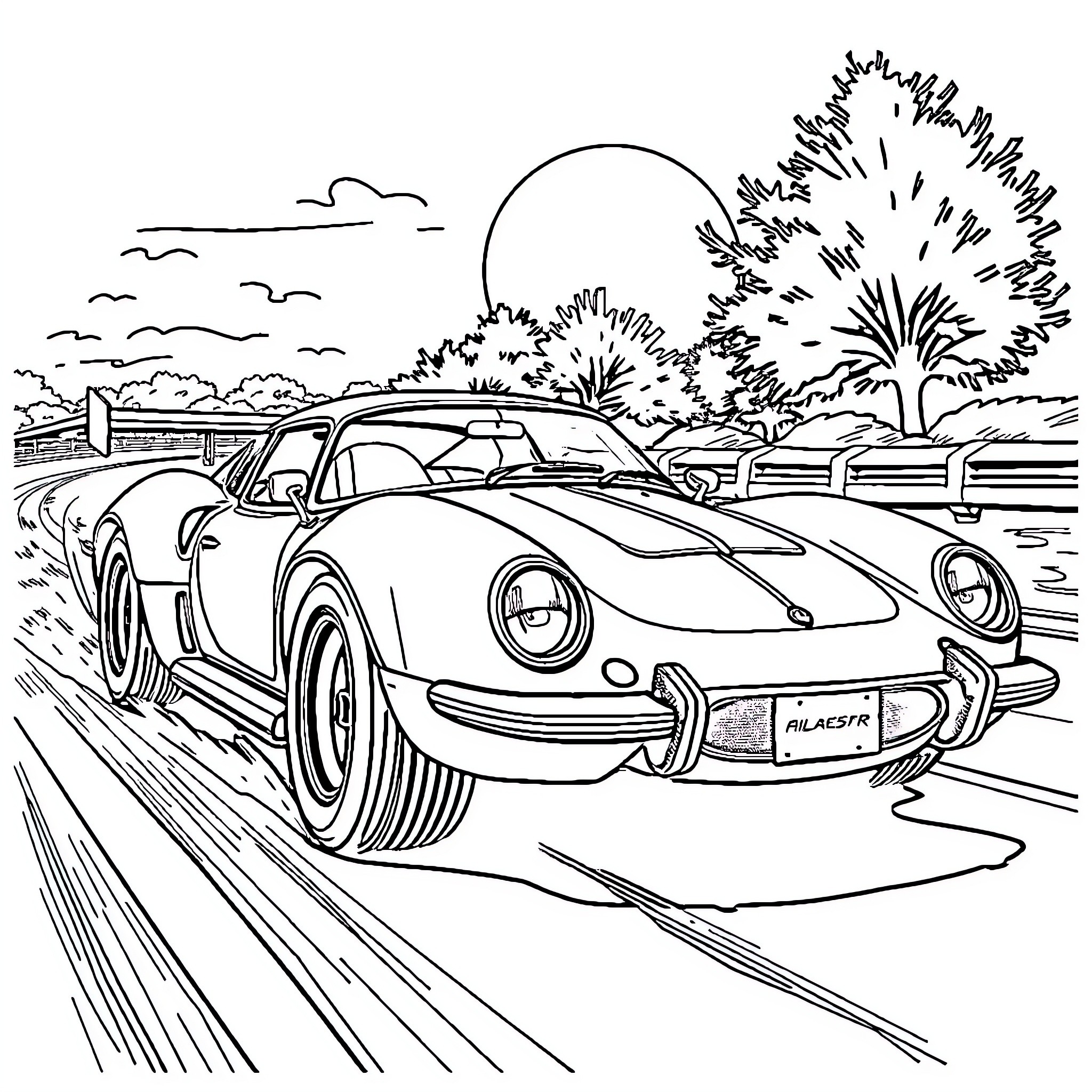 Race Car speeding through a rural landscape Coloring Page (free black-and-white line drawing printable PDF for all, from beginners to advanced learners, including children, teens, adults, and seniors)