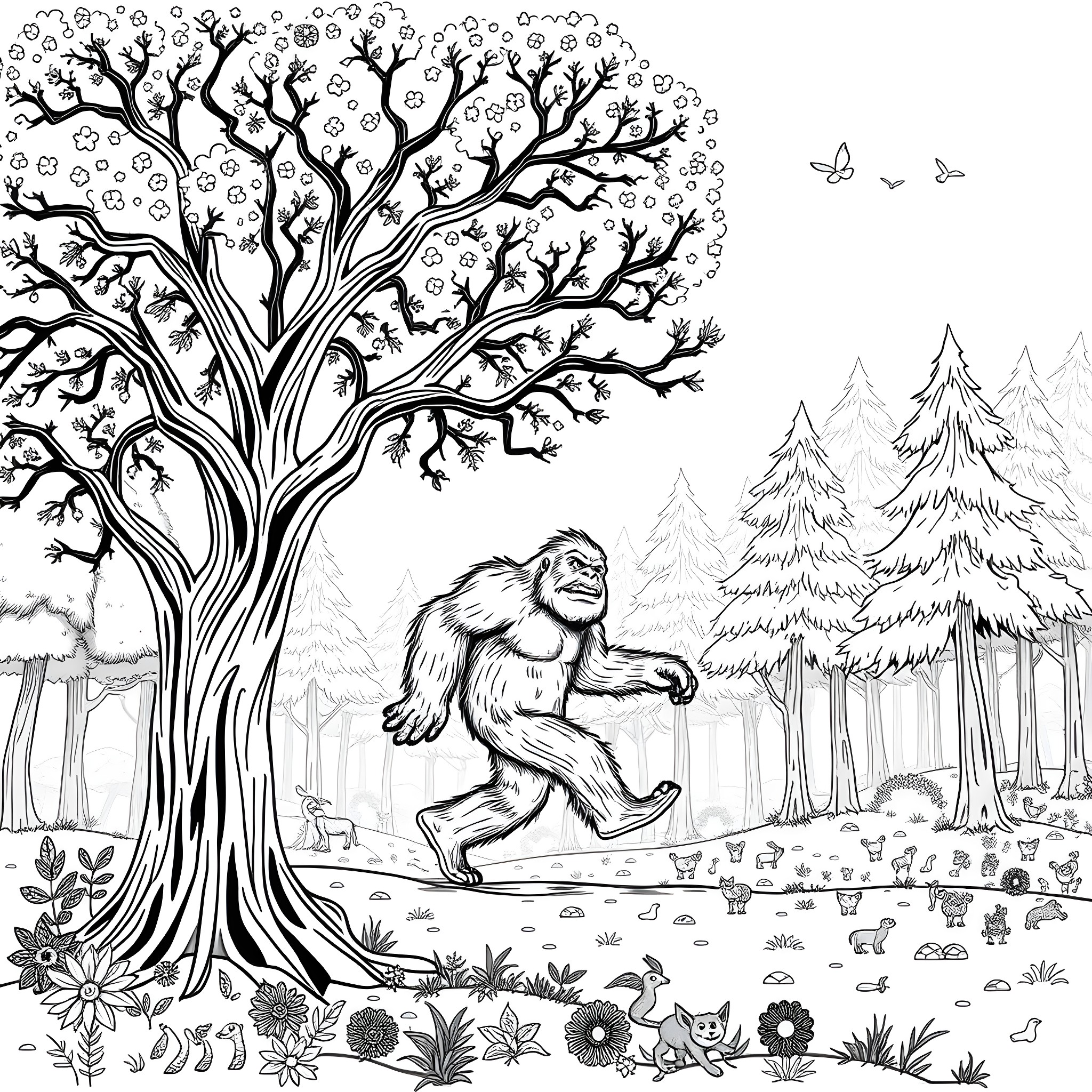 Tree with Bigfoot in Enchanted Forest Coloring Page (free black-and-white line drawing printable PDF for all, from beginners to advanced learners, including children, teens, adults, and seniors)