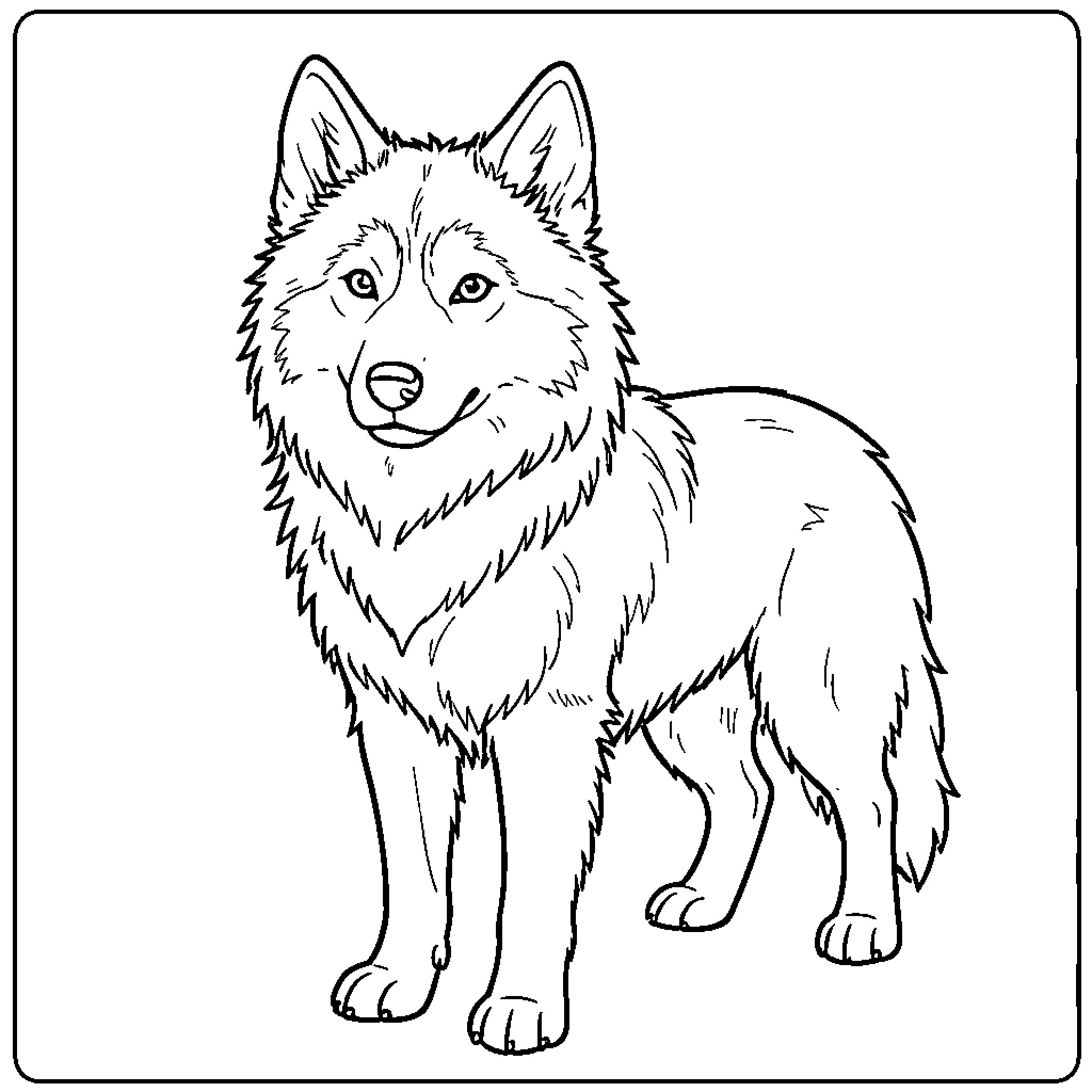 Husky standing calmly and looking forward Coloring Page (free black-and-white line drawing printable PDF for all, from beginners to advanced learners, including children, teens, adults, and seniors)