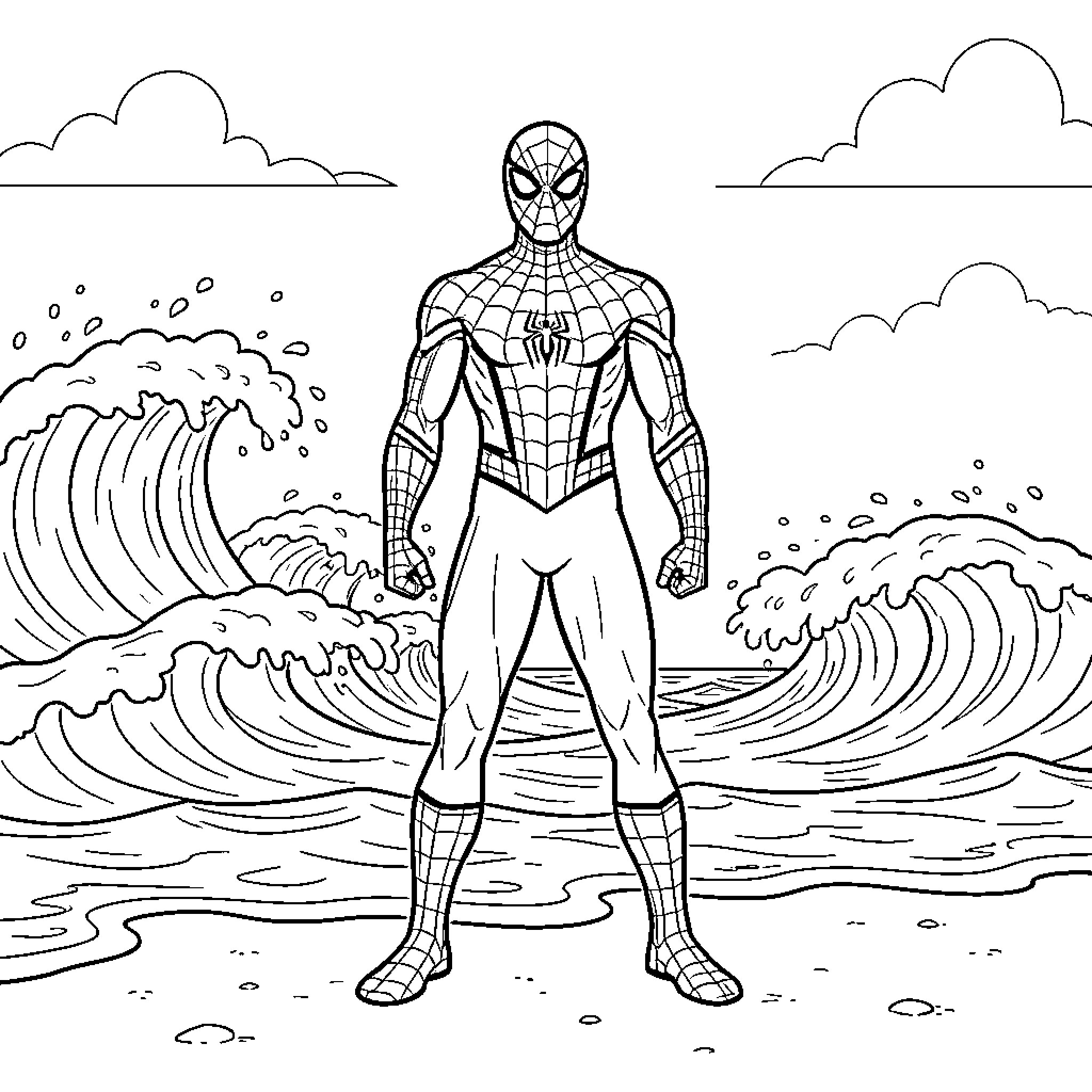 Spiderman standing heroically on a beach with waves Coloring Page (free black-and-white line drawing printable PDF for all, from beginners to advanced learners, including children, teens, adults, and seniors)