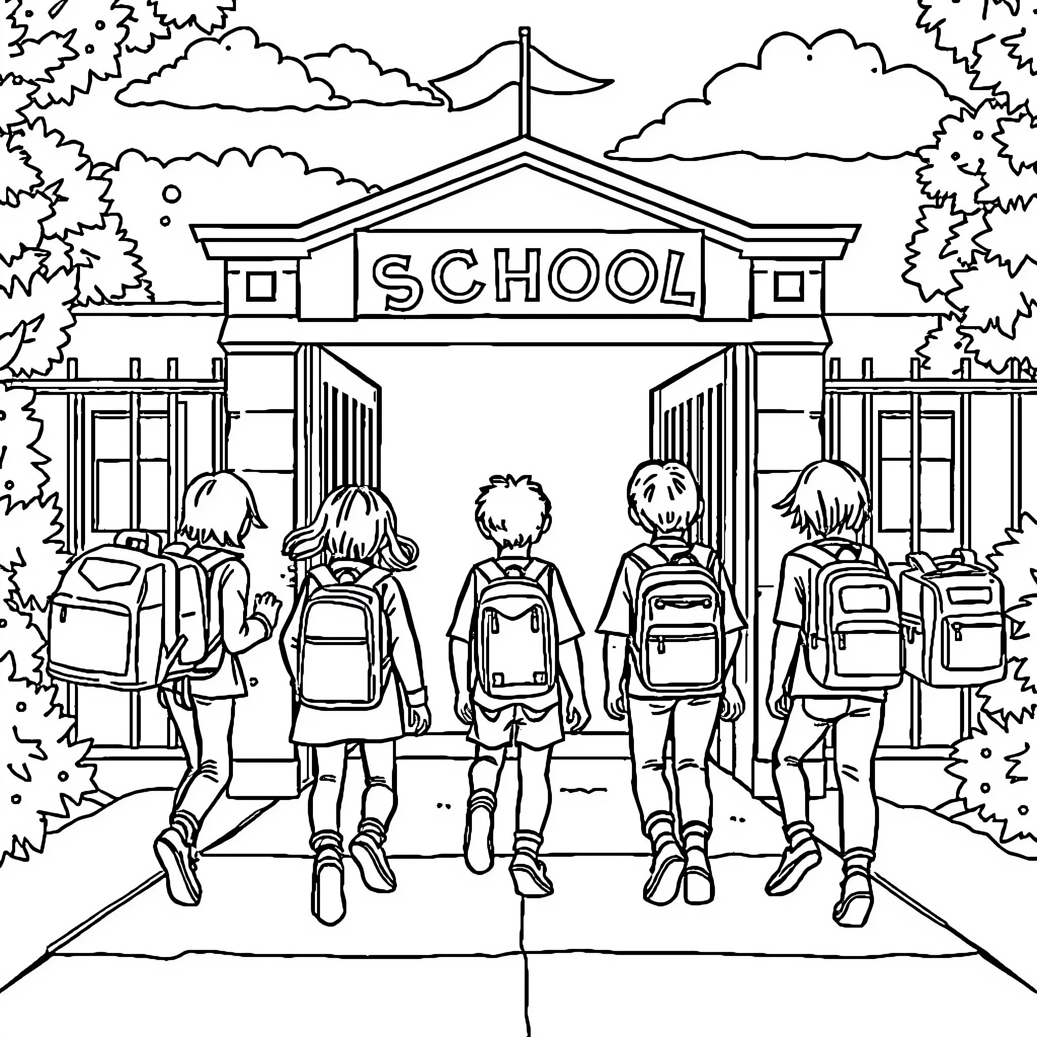 School Students Walking to Classroom Building Coloring Page (free black-and-white line drawing printable PDF for all, from beginners to advanced learners, including children, teens, adults, and seniors)