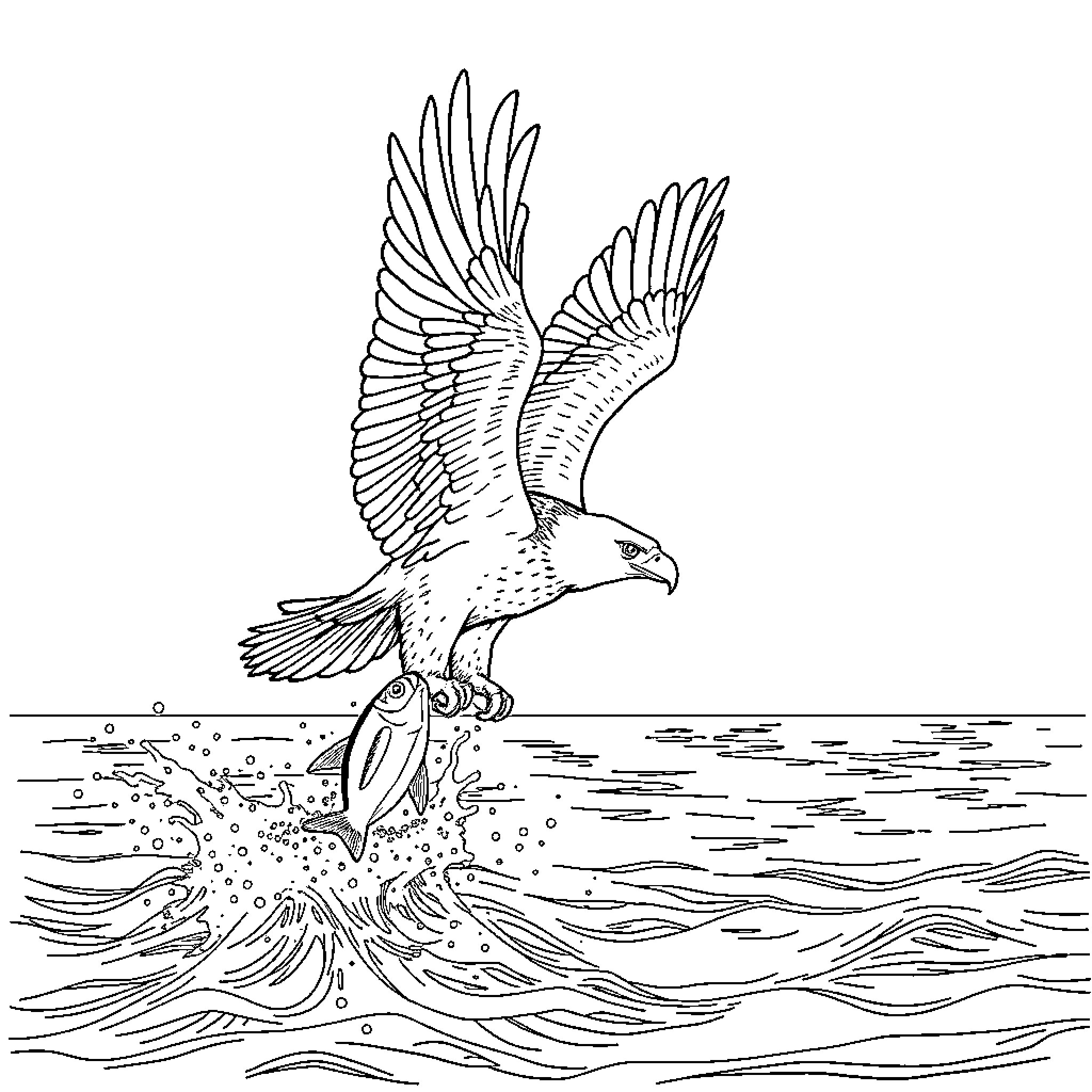 Eagle Soaring Gracefully over Stormy Waves Coloring Page (free black-and-white line drawing printable PDF for all, from beginners to advanced learners, including children, teens, adults, and seniors)