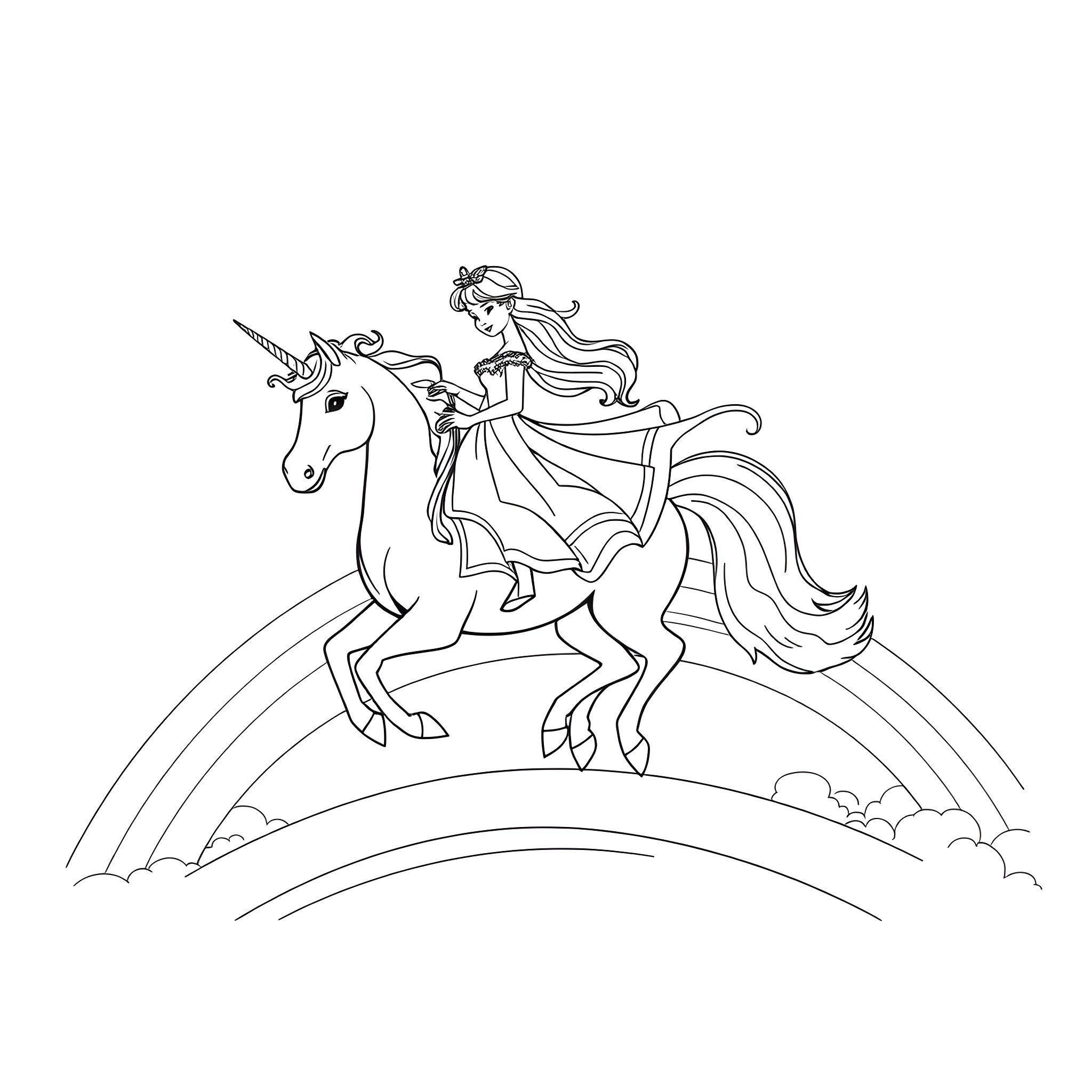 Princess riding a unicorn through a rainbow Coloring Page (free black-and-white line drawing printable PDF for all, from beginners to advanced learners, including children, teens, adults, and seniors)