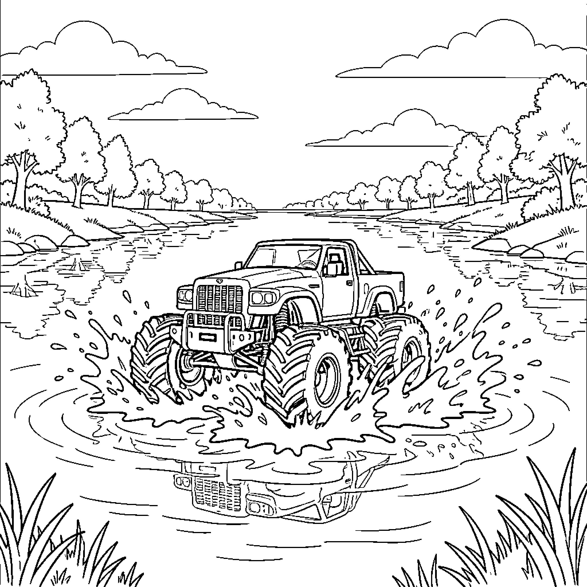 Monster Truck Splashing Through Muddy Terrain Coloring Page (free black-and-white line drawing printable PDF for all, from beginners to advanced learners, including children, teens, adults, and seniors)