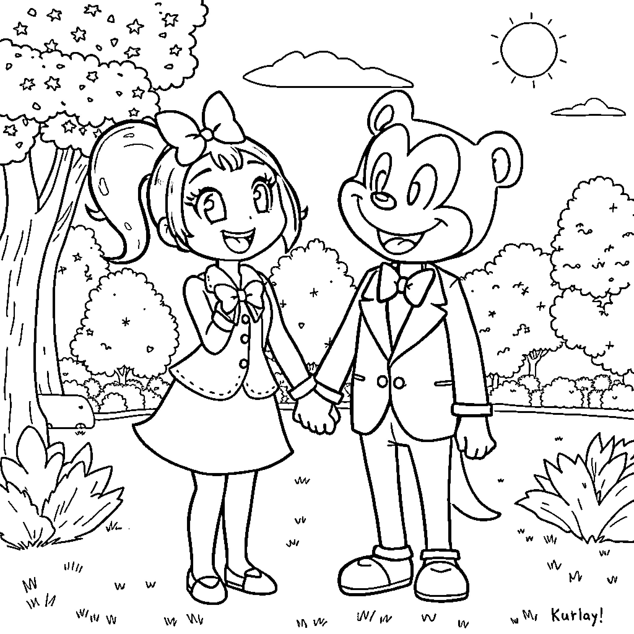 Kuromi and Dolly in a Whimsical Outdoor Adventure Coloring Page (free black-and-white line drawing printable PDF for all, from beginners to advanced learners, including children, teens, adults, and seniors)