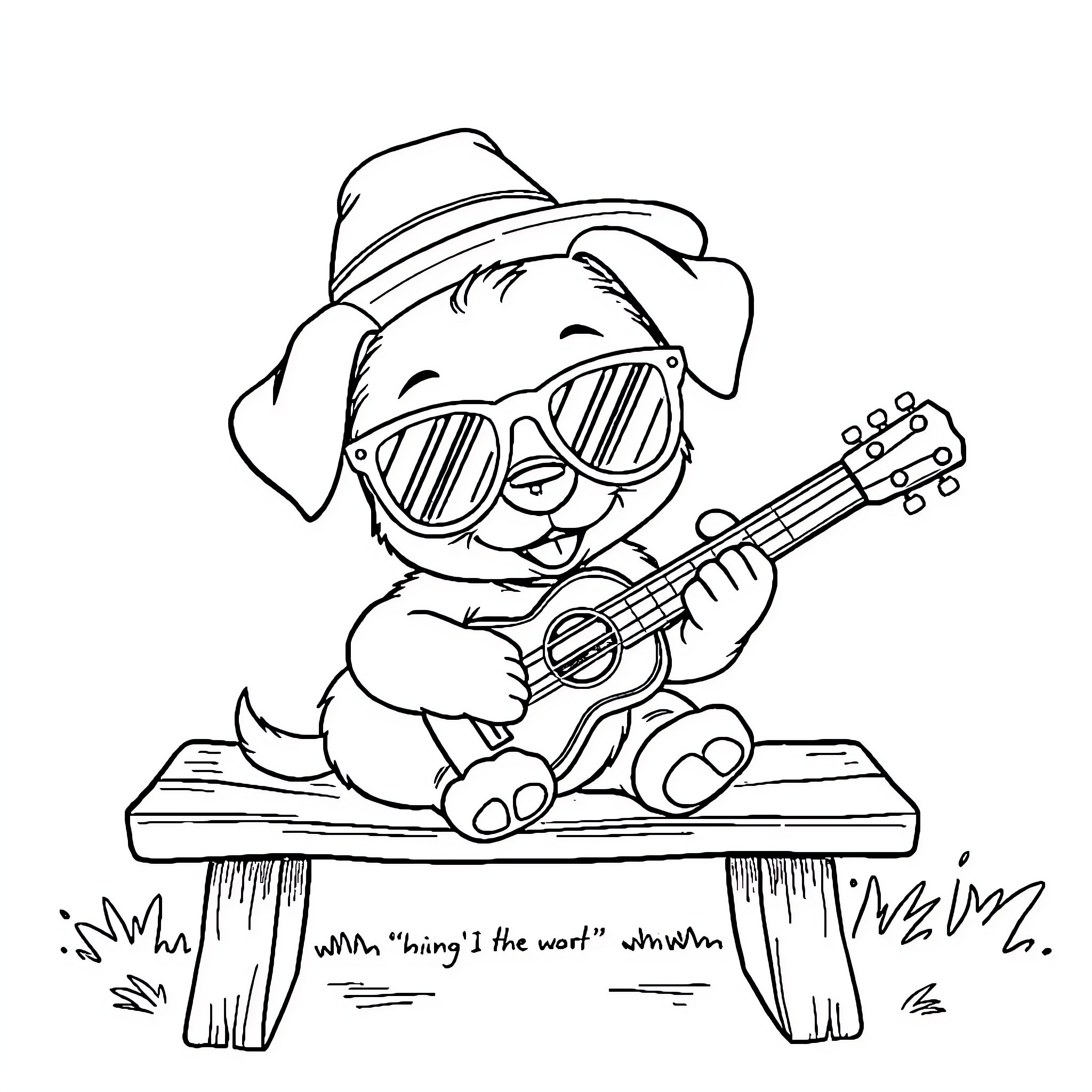 Puppy playing guitar and wearing sunglasses Coloring Page (free black-and-white line drawing printable PDF for all, from beginners to advanced learners, including children, teens, adults, and seniors)