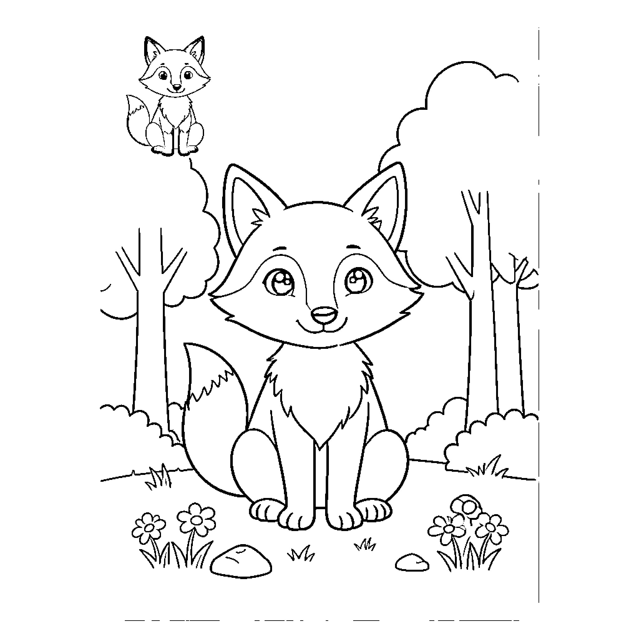 Fox sitting peacefully in a forest among flowers Coloring Page (free black-and-white line drawing printable PDF for all, from beginners to advanced learners, including children, teens, adults, and seniors)