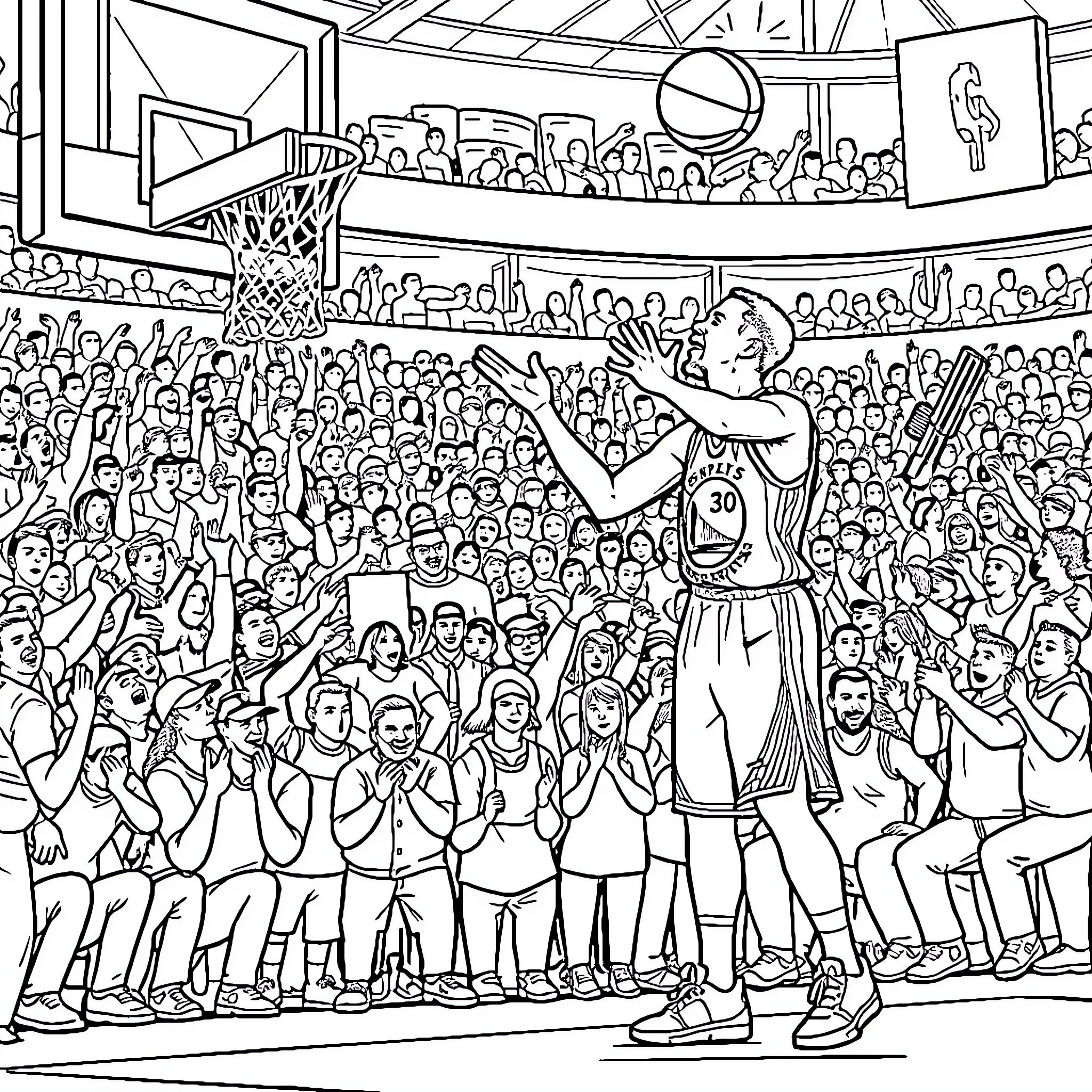 Steph Curry dominating the basketball game Coloring Page (free black-and-white line drawing printable PDF for all, from beginners to advanced learners, including children, teens, adults, and seniors)