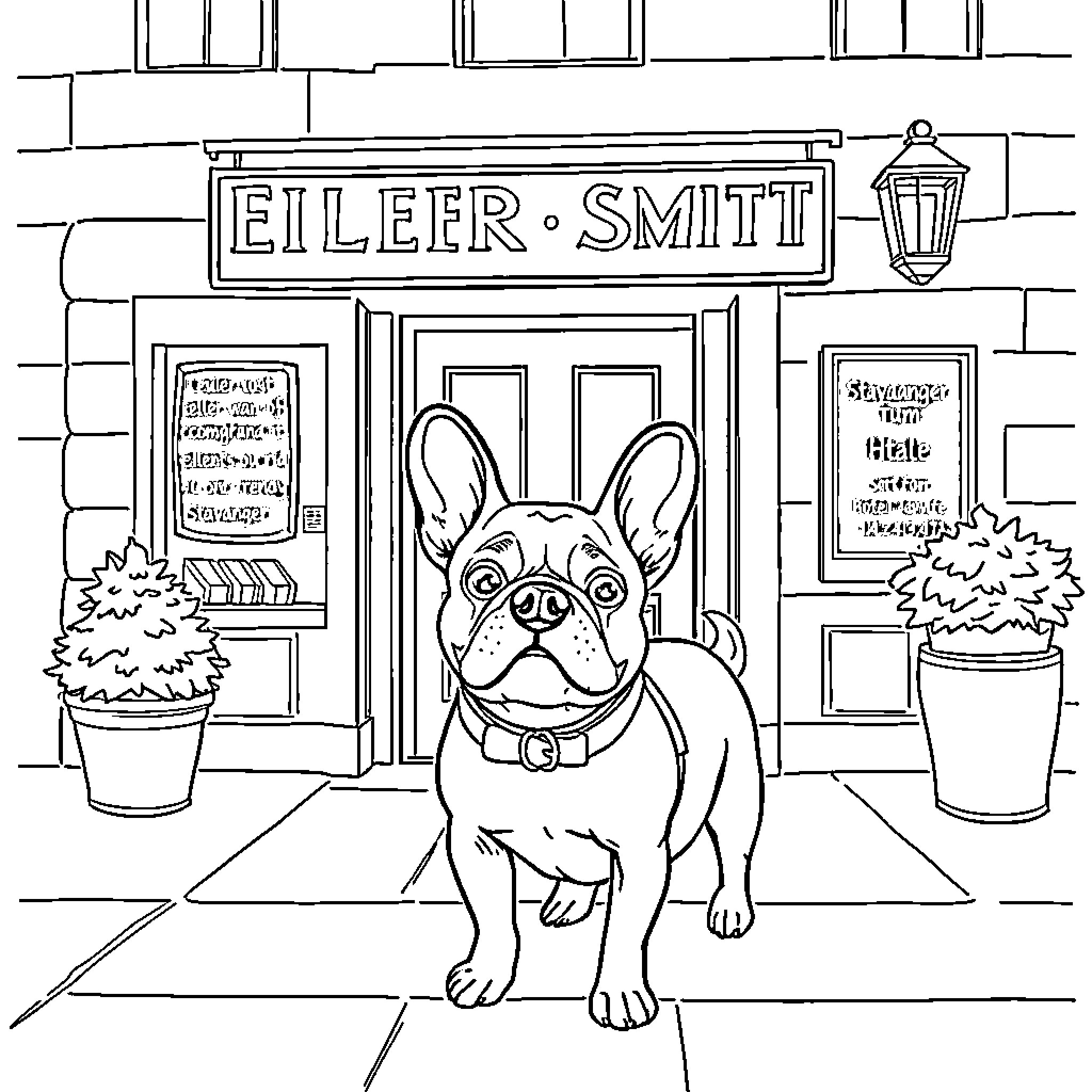 French Bulldog outside of Eiler Smitt's storefront Coloring Page (free black-and-white line drawing printable PDF for all, from beginners to advanced learners, including children, teens, adults, and seniors)