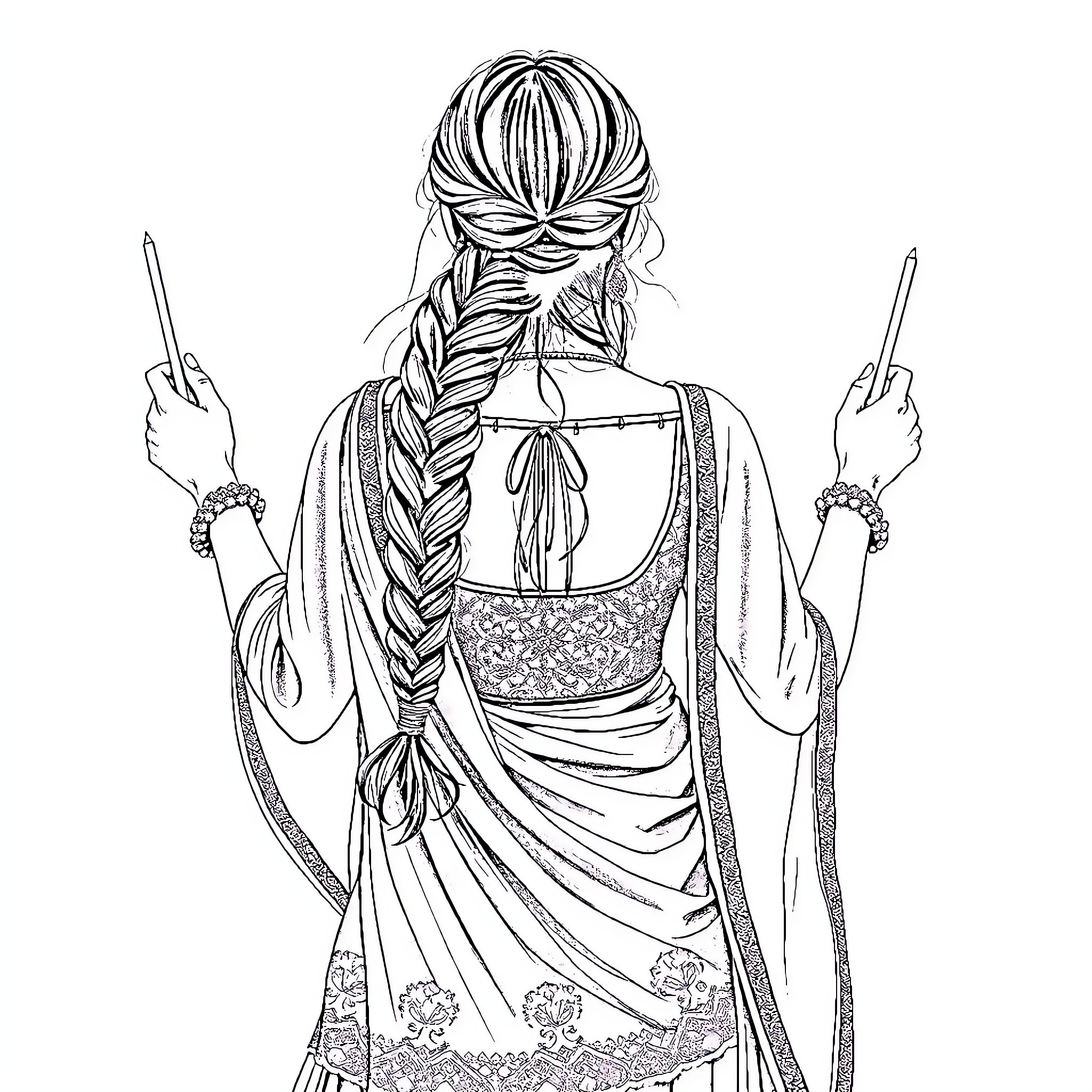 Woman with braided hairstyle holding paintbrushes Coloring Page (free black-and-white line drawing printable PDF for all, from beginners to advanced learners, including children, teens, adults, and seniors)