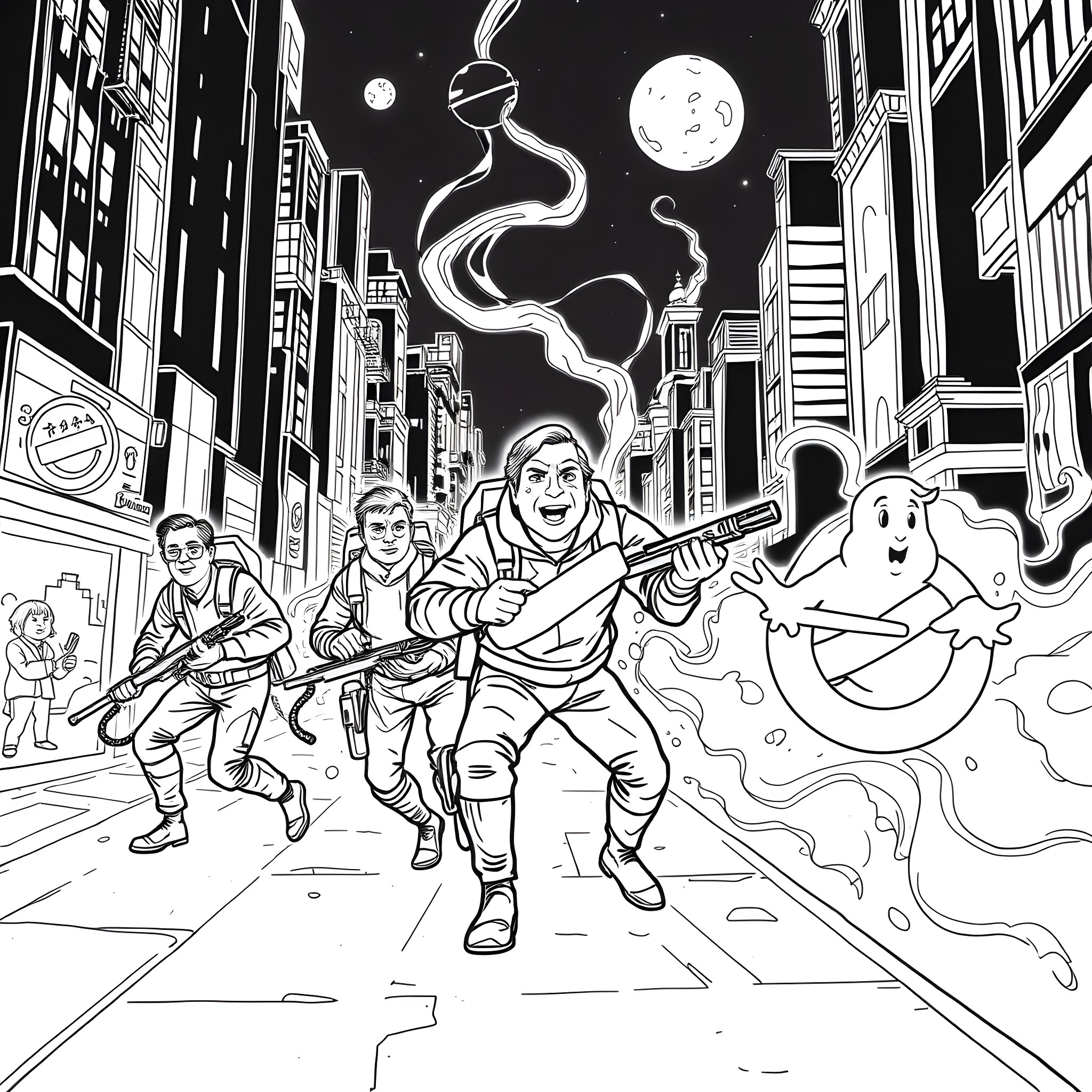 Ghostbusters in action against supernatural creatures in the city Coloring Page (free black-and-white line drawing printable PDF for all, from beginners to advanced learners, including children, teens, adults, and seniors)