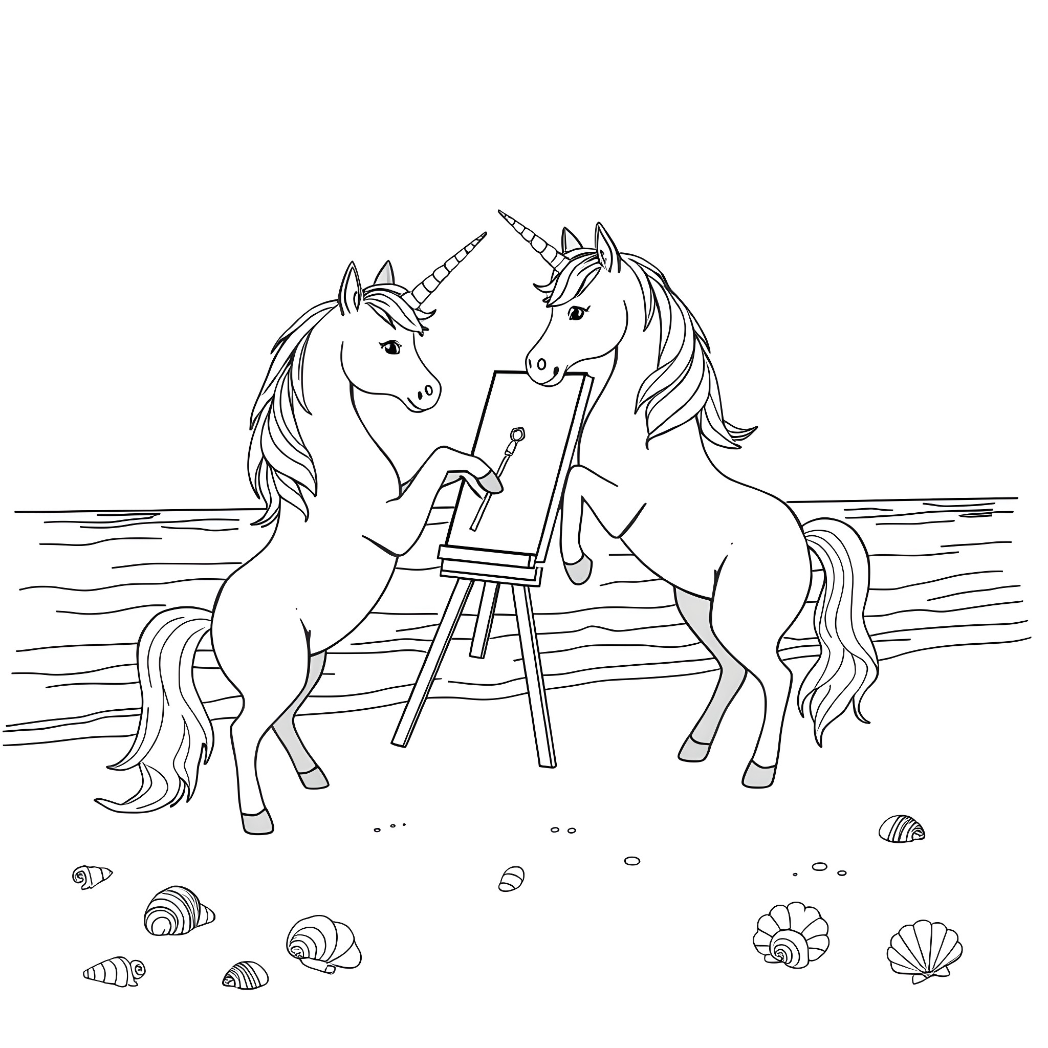 Unicorns painting together on the beach Coloring Page (free black-and-white line drawing printable PDF for all, from beginners to advanced learners, including children, teens, adults, and seniors)