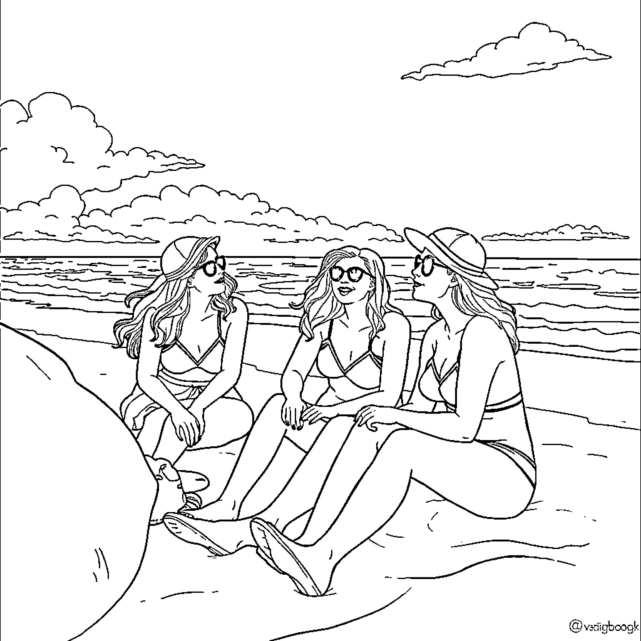 Woman enjoying beach time with friends Coloring Page (free black-and-white line drawing printable PDF for all, from beginners to advanced learners, including children, teens, adults, and seniors)