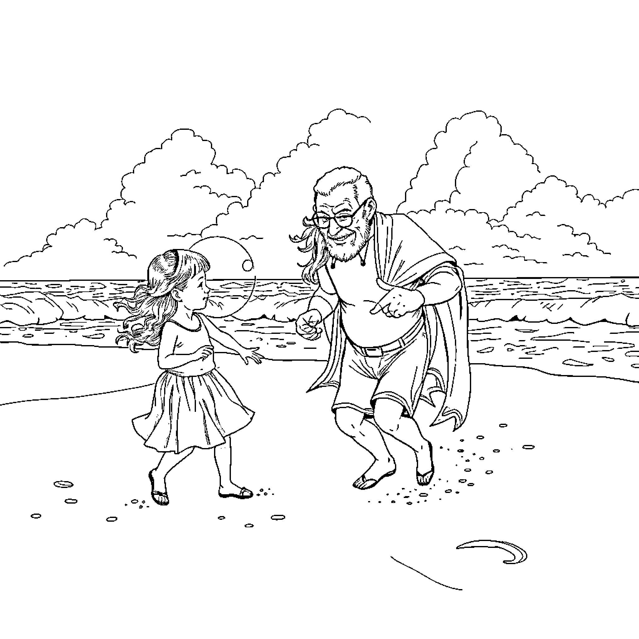 Abuelo playing with grandchild on the beach Coloring Page (free black-and-white line drawing printable PDF for all, from beginners to advanced learners, including children, teens, adults, and seniors)