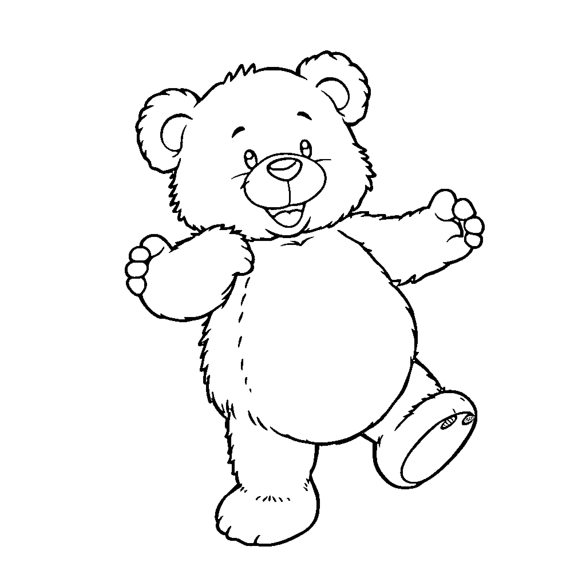 Teddy Bear happily waving arms Coloring Page (free black-and-white line drawing printable PDF for all, from beginners to advanced learners, including children, teens, adults, and seniors)
