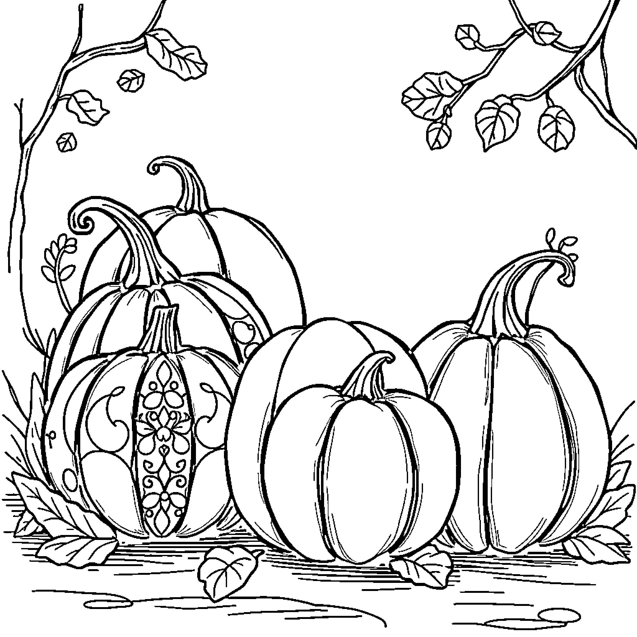 Pumpkins with ornate patterns in autumn foliage Coloring Page (free black-and-white line drawing printable PDF for all, from beginners to advanced learners, including children, teens, adults, and seniors)