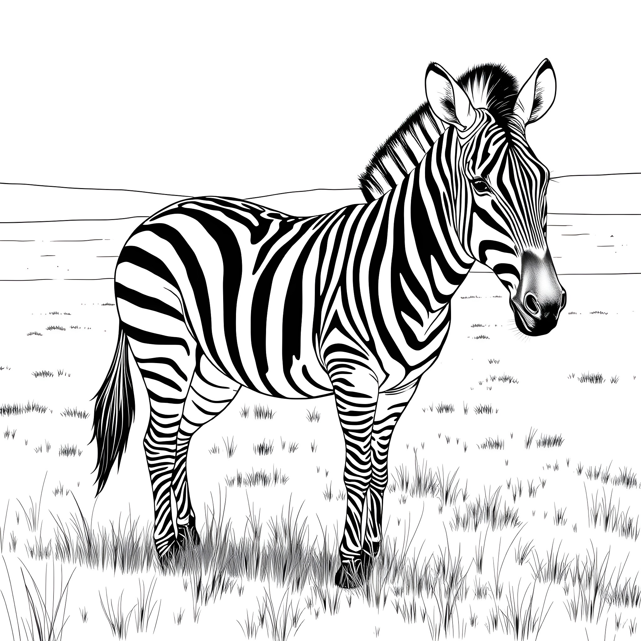 Zebra standing in the wild grass Coloring Page (free black-and-white line drawing printable PDF for all, from beginners to advanced learners, including children, teens, adults, and seniors)