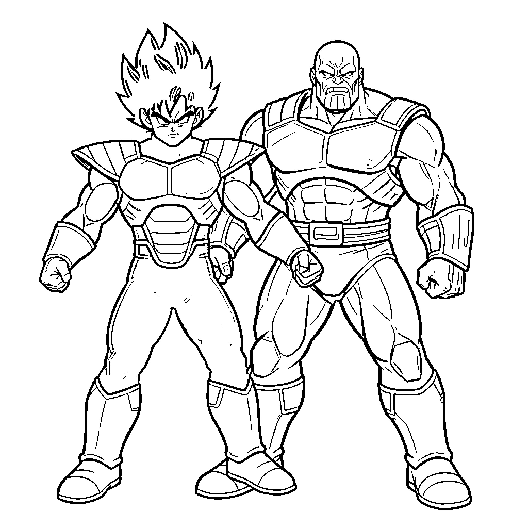 Vegeta standing confidently alongside a powerful muscular warrior Coloring Page (free black-and-white line drawing printable PDF for all, from beginners to advanced learners, including children, teens, adults, and seniors)
