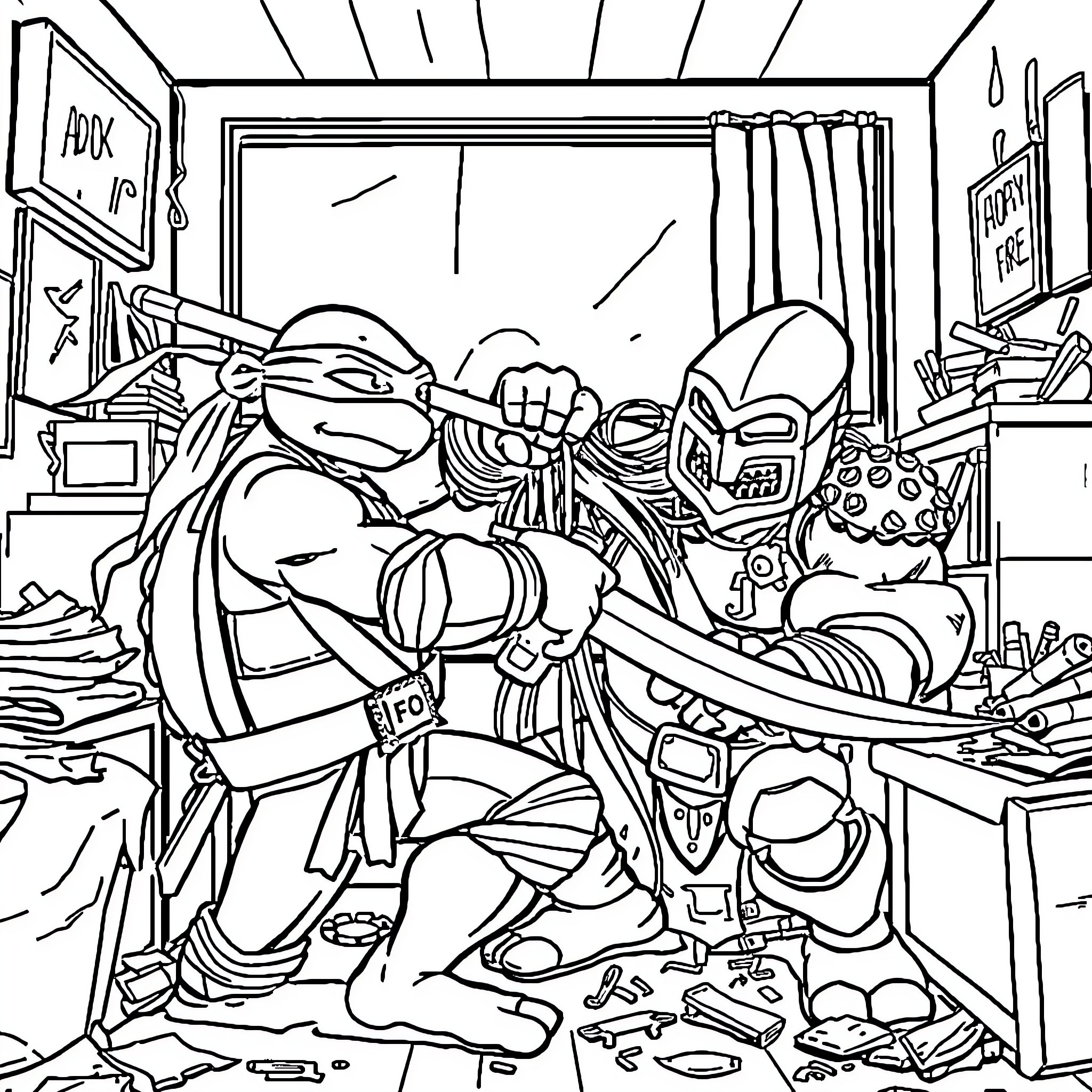 Ninja Turtles in a Cluttered Room Coloring Page (free black-and-white line drawing printable PDF for all, from beginners to advanced learners, including children, teens, adults, and seniors)