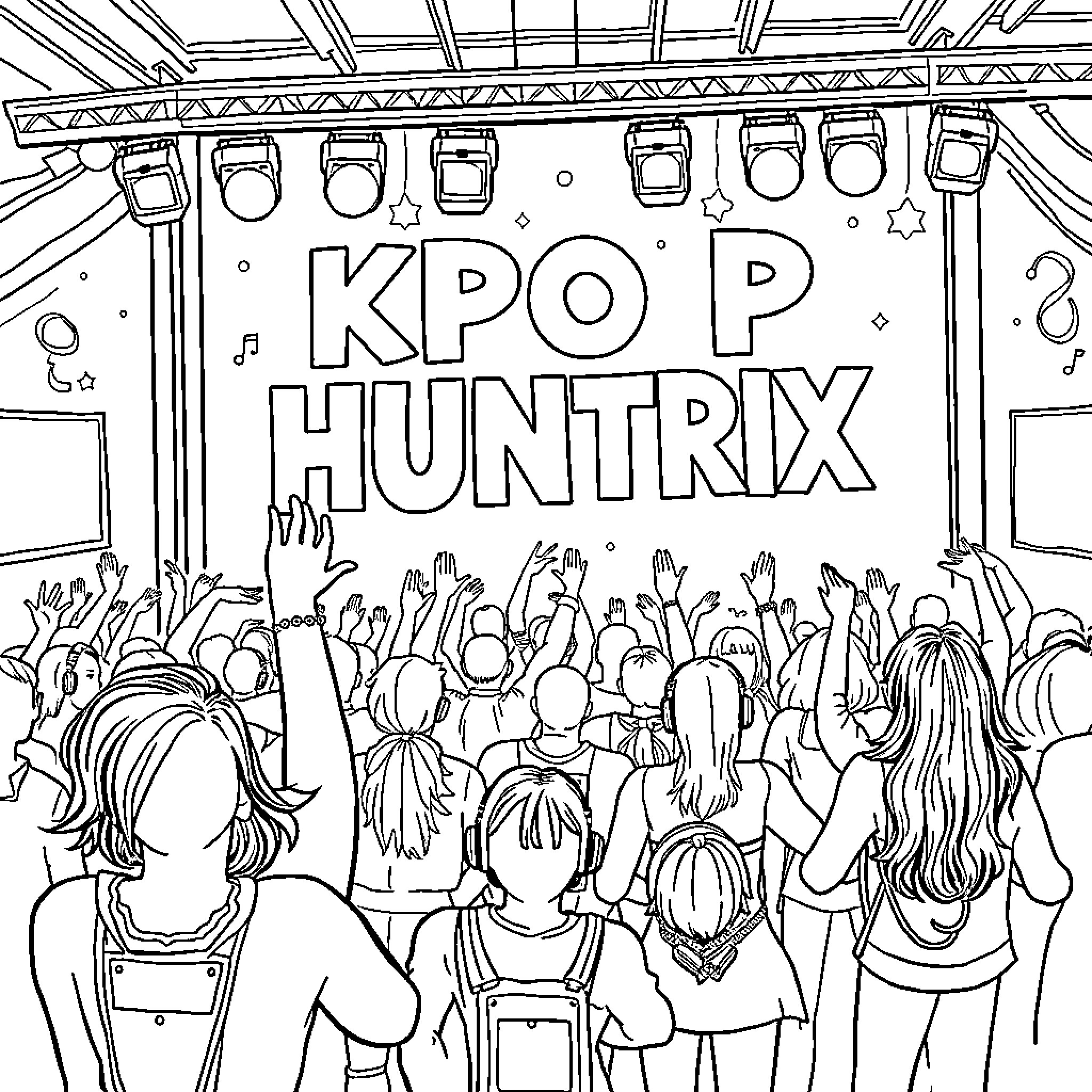 Kpop Fans Attending a Lively Concert Coloring Page (free black-and-white line drawing printable PDF for all, from beginners to advanced learners, including children, teens, adults, and seniors)