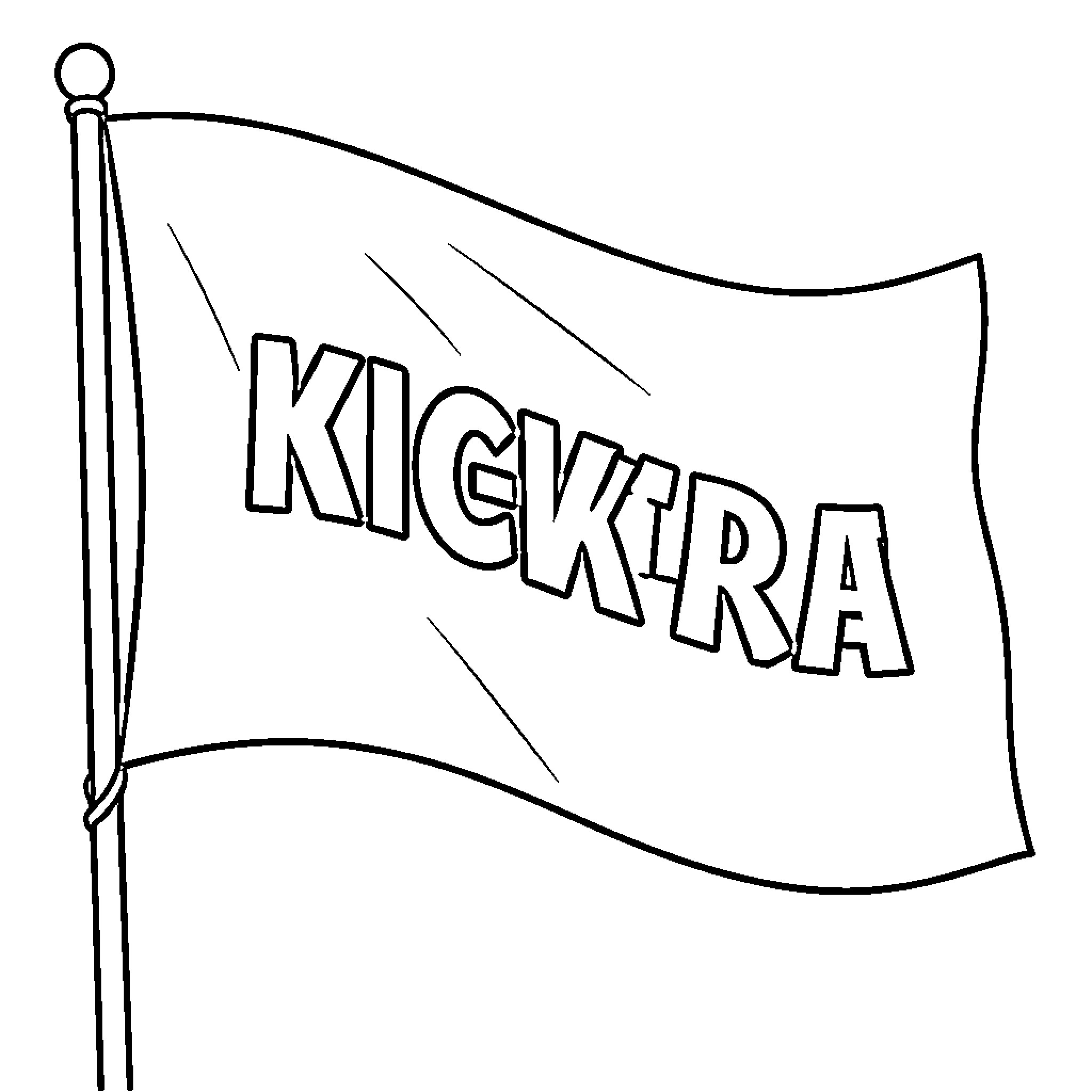 Country Flag displaying Kickkira logo Coloring Page (free black-and-white line drawing printable PDF for all, from beginners to advanced learners, including children, teens, adults, and seniors)