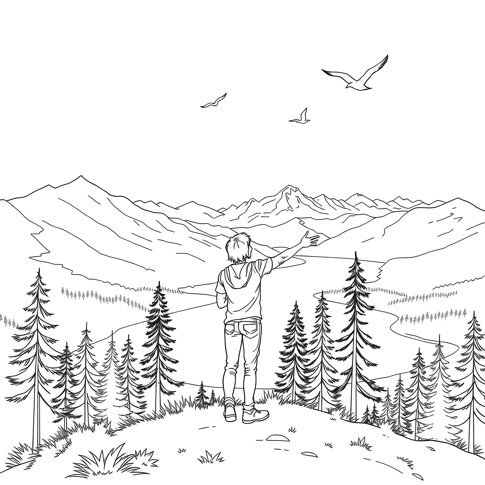 Young Couple Admiring the Scenic Mountain Landscape Coloring Page (free black-and-white line drawing printable PDF for all, from beginners to advanced learners, including children, teens, adults, and seniors)