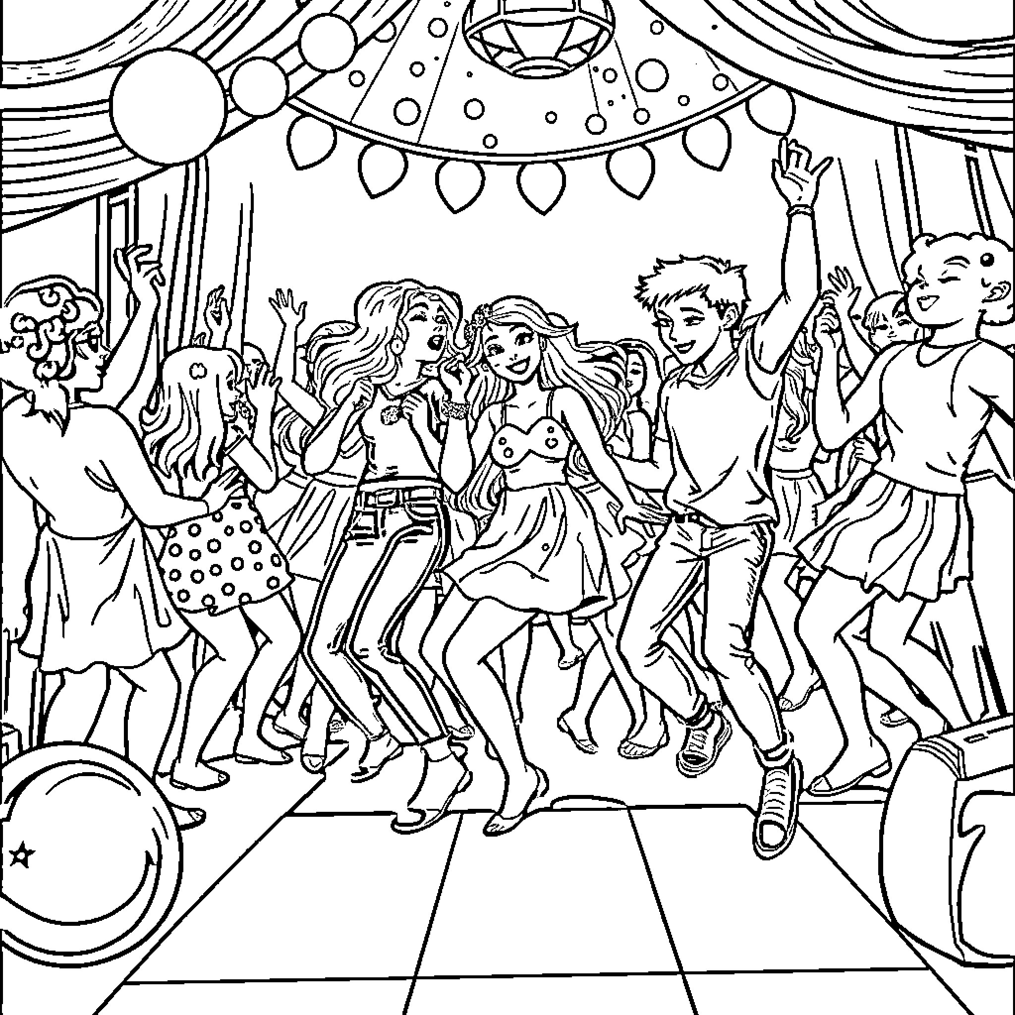 Teeniepings Having a Fun Dance Party Coloring Page (free black-and-white line drawing printable PDF for all, from beginners to advanced learners, including children, teens, adults, and seniors)