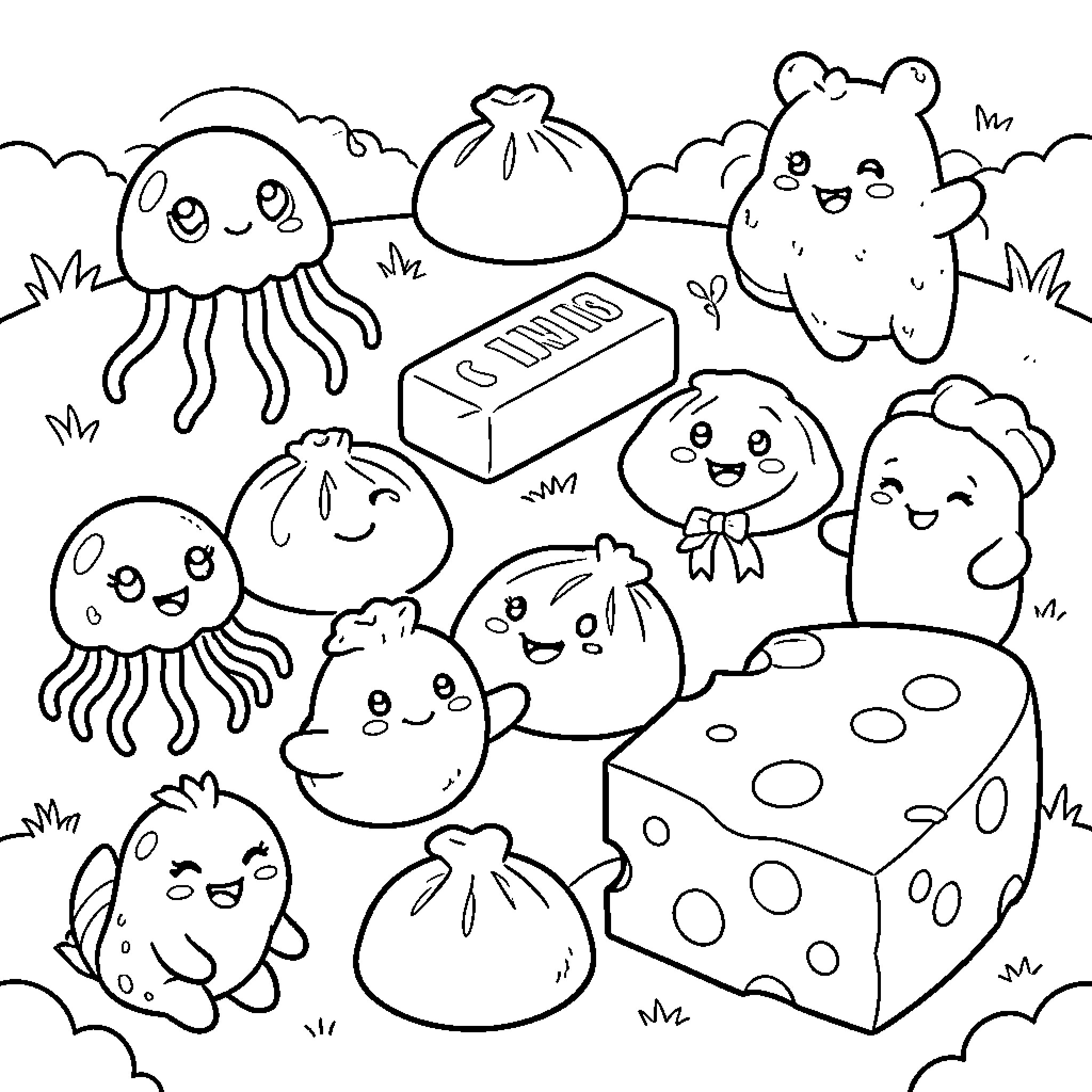 Squishy Toy characters smiling and playing together Coloring Page (free black-and-white line drawing printable PDF for all, from beginners to advanced learners, including children, teens, adults, and seniors)