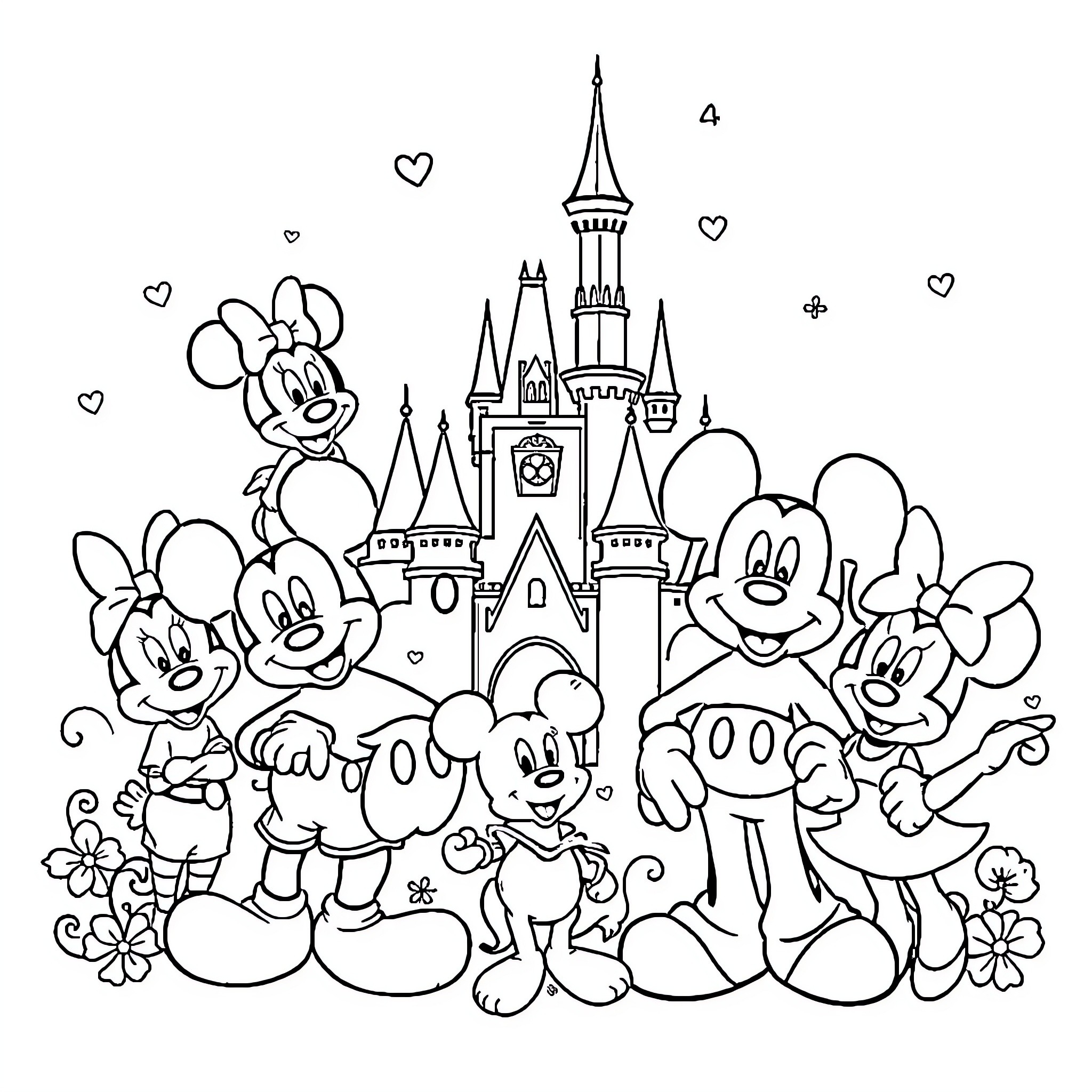 Disney characters exploring the fantasy castle together Coloring Page (free black-and-white line drawing printable PDF for all, from beginners to advanced learners, including children, teens, adults, and seniors)