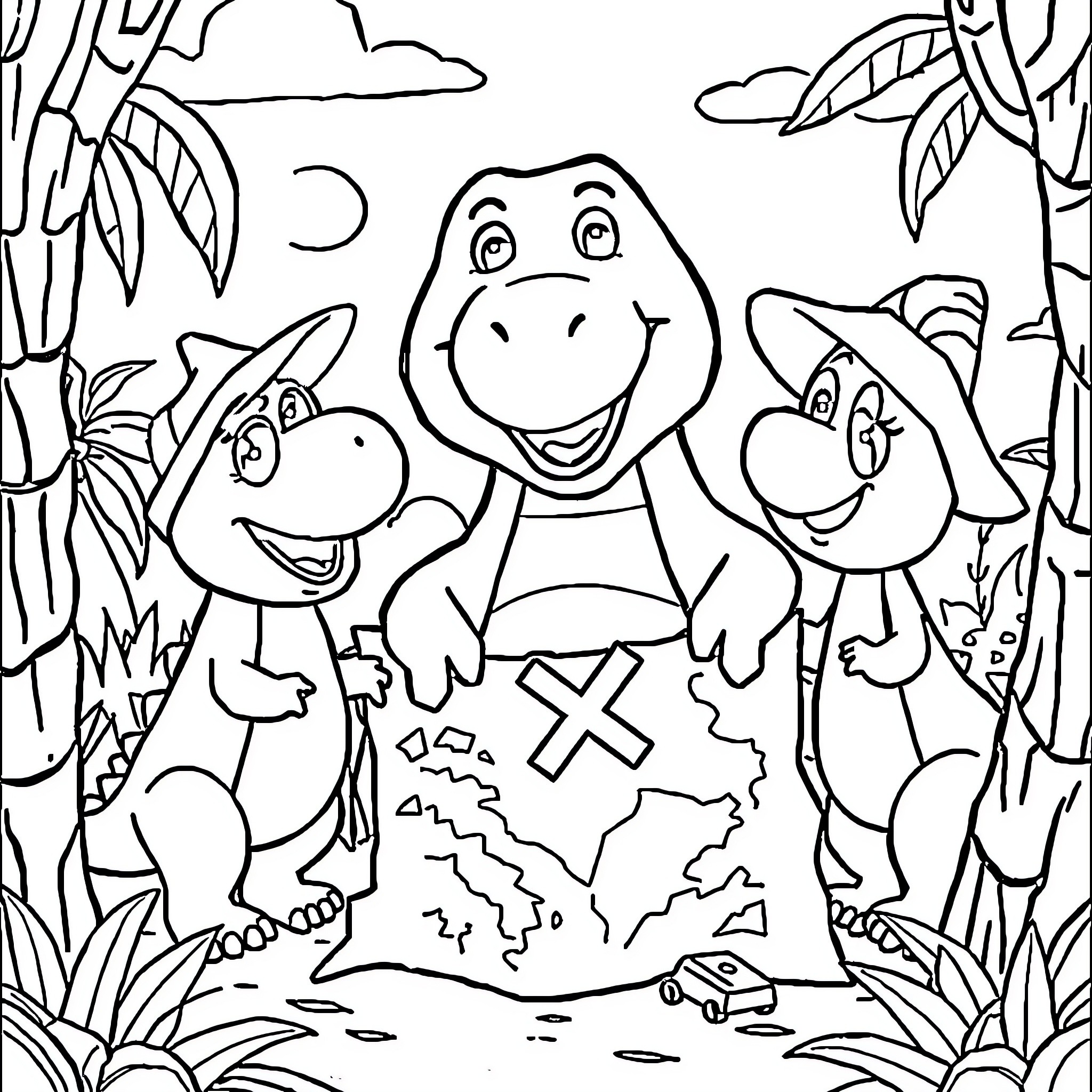 Barney and friends exploring the jungle landscape Coloring Page (free black-and-white line drawing printable PDF for all, from beginners to advanced learners, including children, teens, adults, and seniors)