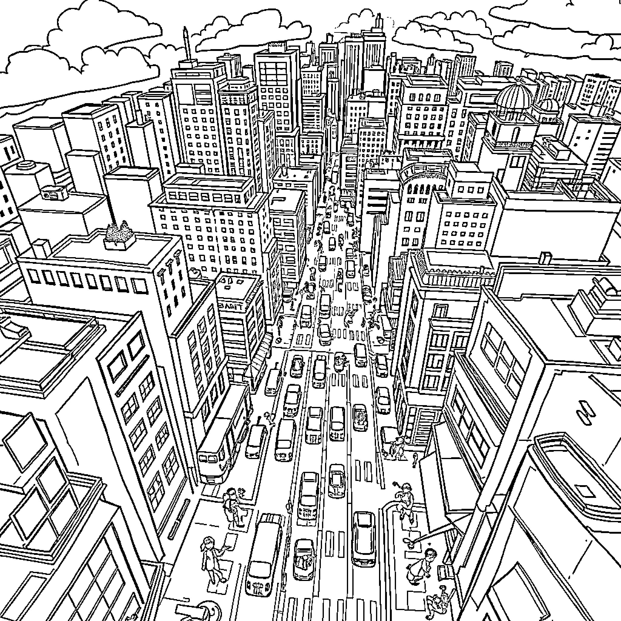 City of bustling activity and architecture Coloring Page (free black-and-white line drawing printable PDF for all, from beginners to advanced learners, including children, teens, adults, and seniors)