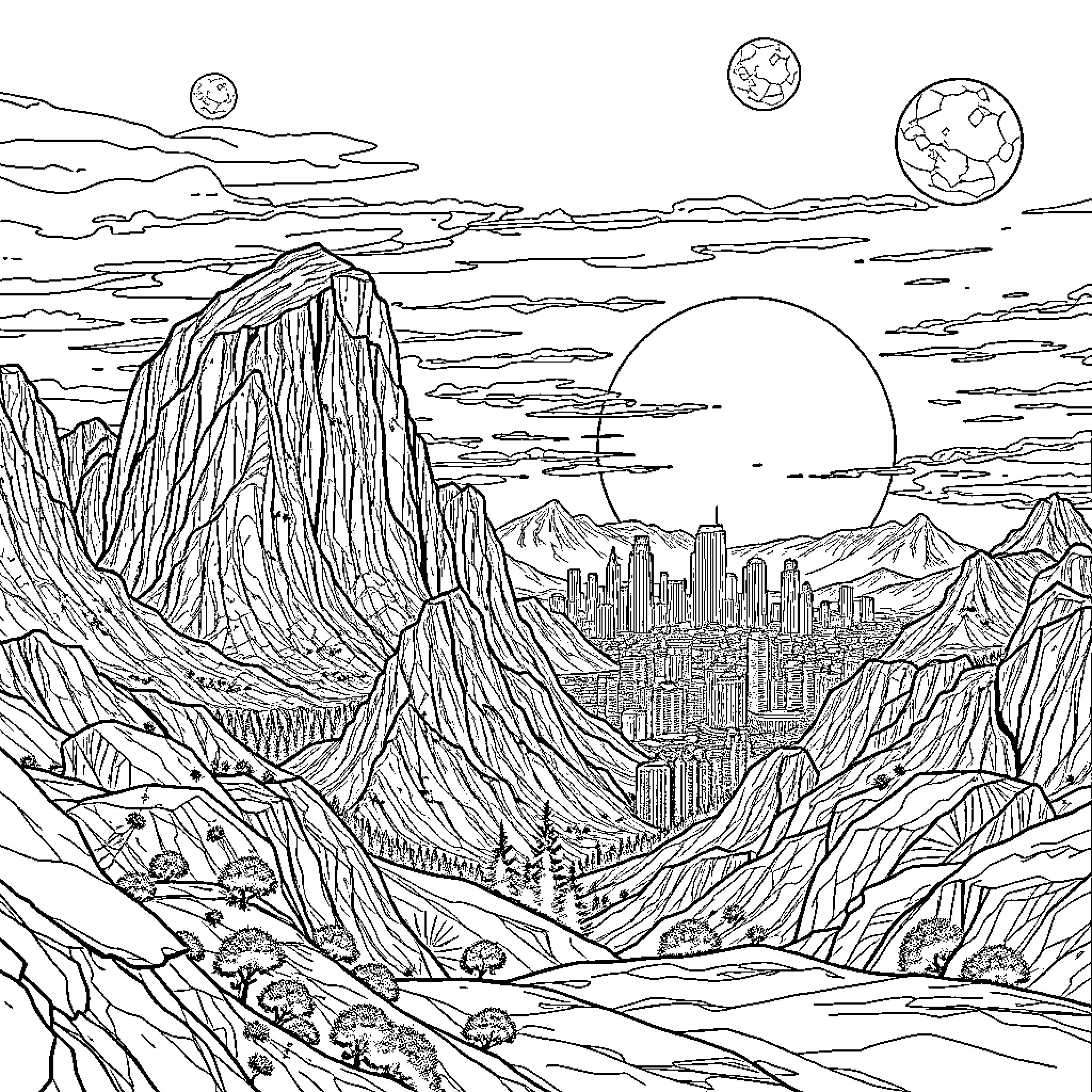 Landscape of a futuristic alien cityscape with mountainous terrain Coloring Page (free black-and-white line drawing printable PDF for all, from beginners to advanced learners, including children, teens, adults, and seniors)