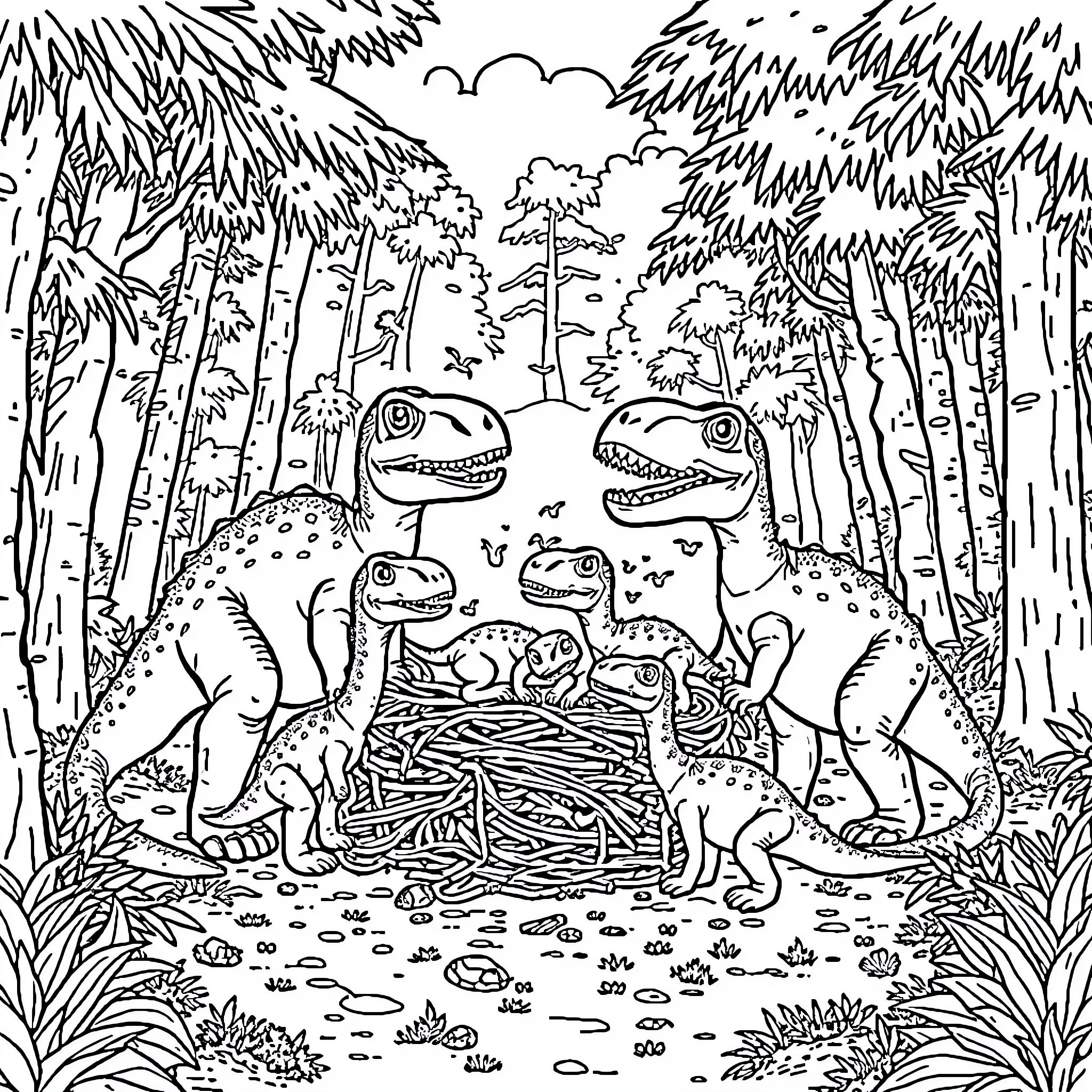 Allosaurus family in prehistoric forest landscape Coloring Page (free black-and-white line drawing printable PDF for all, from beginners to advanced learners, including children, teens, adults, and seniors)