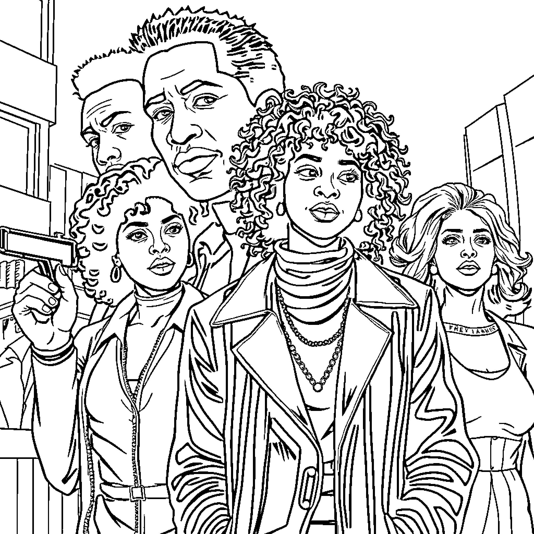Film group portrait of diverse people with expressive styles Coloring Page (free black-and-white line drawing printable PDF for all, from beginners to advanced learners, including children, teens, adults, and seniors)