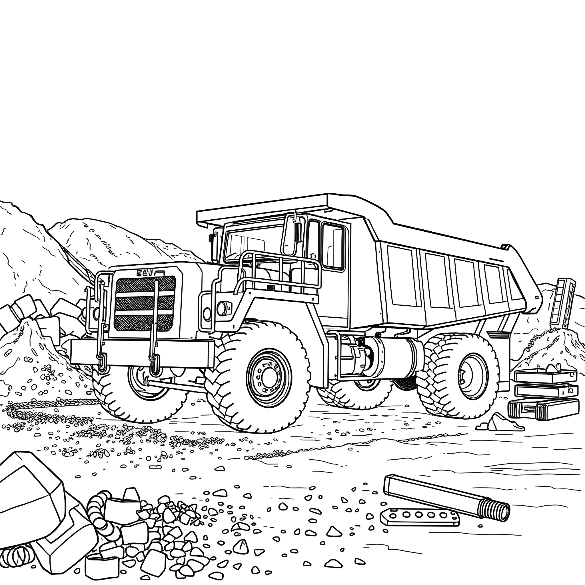 Dump Truck Hauling Materials on Construction Site Coloring Page (free black-and-white line drawing printable PDF for all, from beginners to advanced learners, including children, teens, adults, and seniors)
