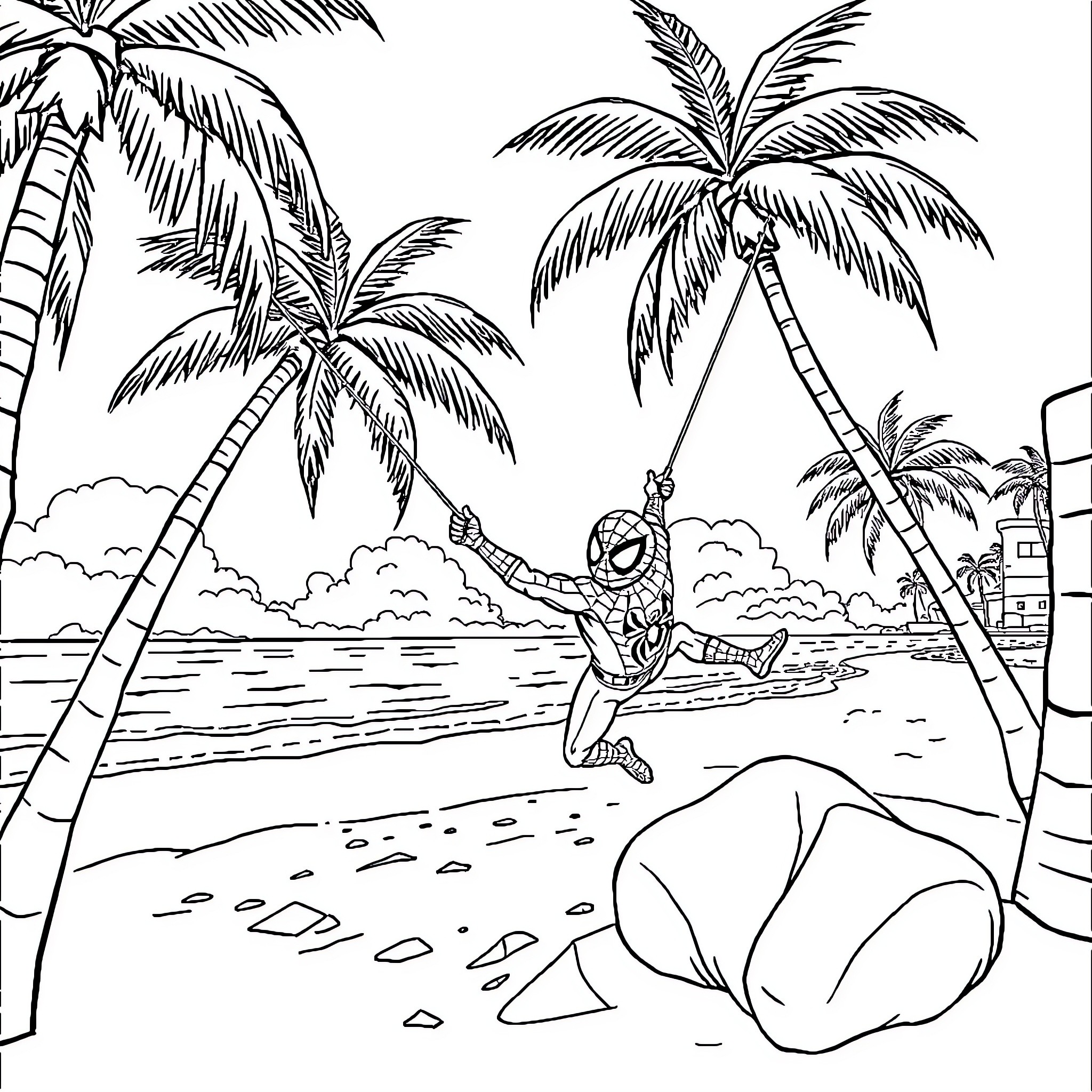 Spiderman swinging on web in tropical beach scene Coloring Page (free black-and-white line drawing printable PDF for all, from beginners to advanced learners, including children, teens, adults, and seniors)