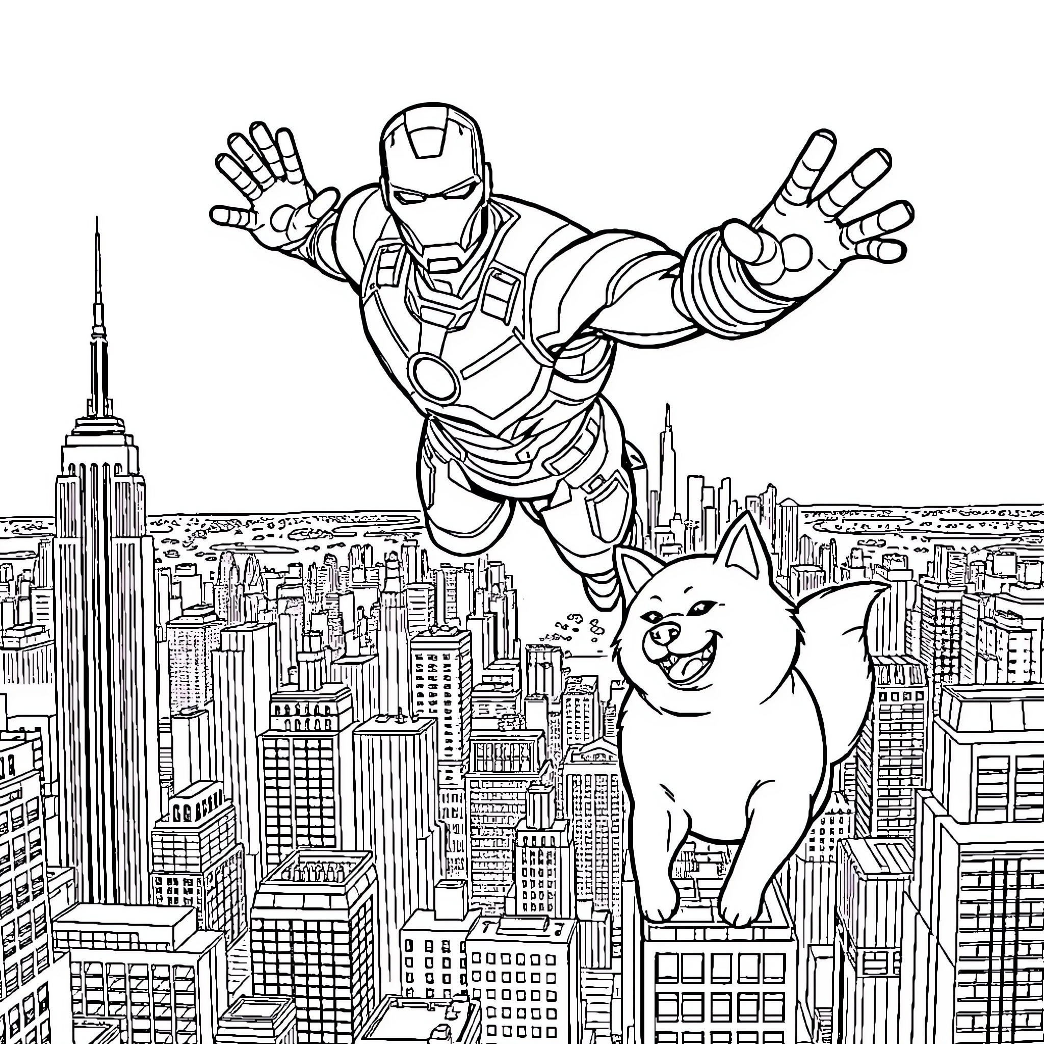 Ironman soaring over the city with a cat Coloring Page (free black-and-white line drawing printable PDF for all, from beginners to advanced learners, including children, teens, adults, and seniors)
