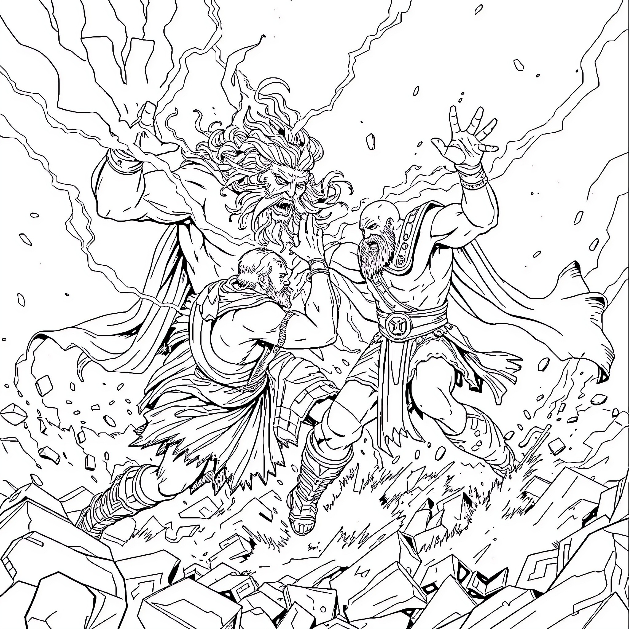 Kratos Battling Mythical Creatures in an Epic Showdown Coloring Page (free black-and-white line drawing printable PDF for all, from beginners to advanced learners, including children, teens, adults, and seniors)