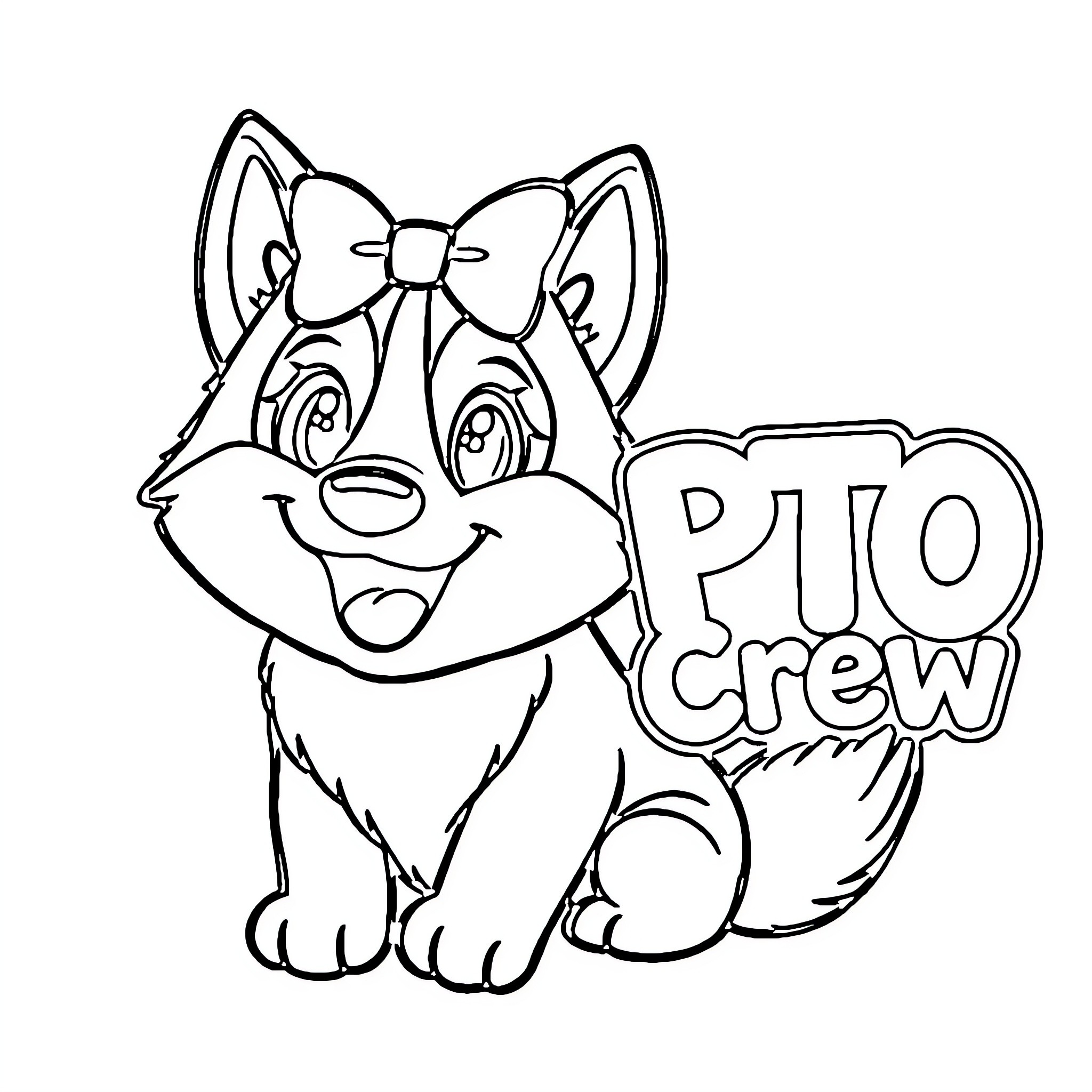 Husky puppy with bow and sign Coloring Page (free black-and-white line drawing printable PDF for all, from beginners to advanced learners, including children, teens, adults, and seniors)