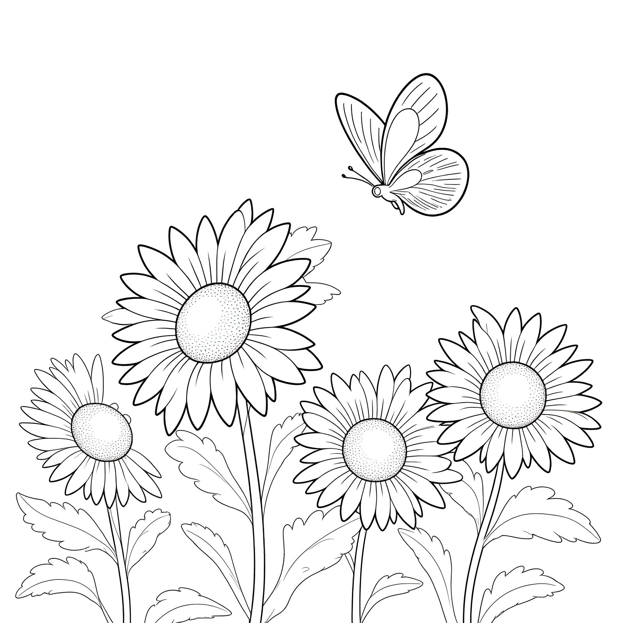Butterfly dancing amidst vibrant sunflowers Coloring Page (free black-and-white line drawing printable PDF for all, from beginners to advanced learners, including children, teens, adults, and seniors)