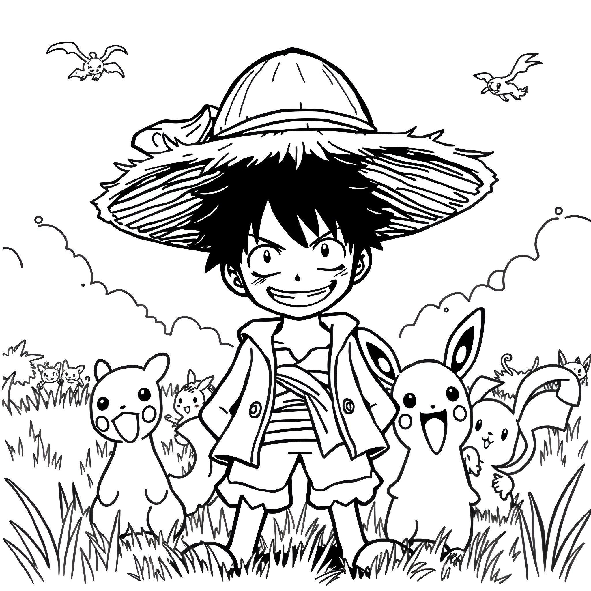 Luffy exploring the wilderness with his companions Coloring Page (free black-and-white line drawing printable PDF for all, from beginners to advanced learners, including children, teens, adults, and seniors)