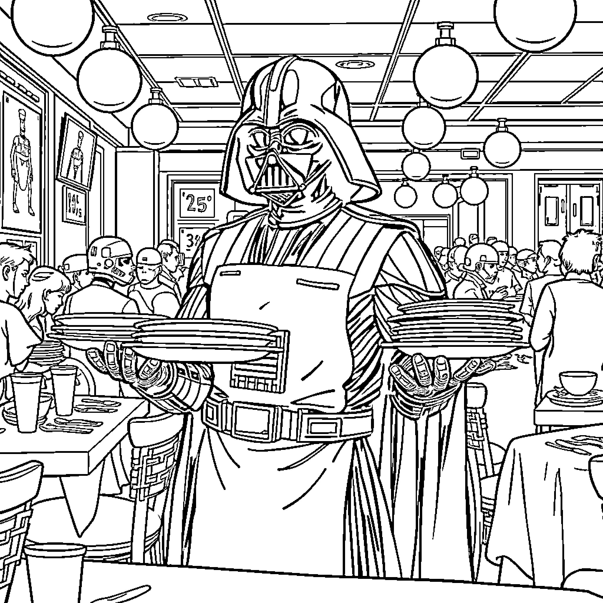 Darth Vader serving food in a crowded diner Coloring Page (free black-and-white line drawing printable PDF for all, from beginners to advanced learners, including children, teens, adults, and seniors)