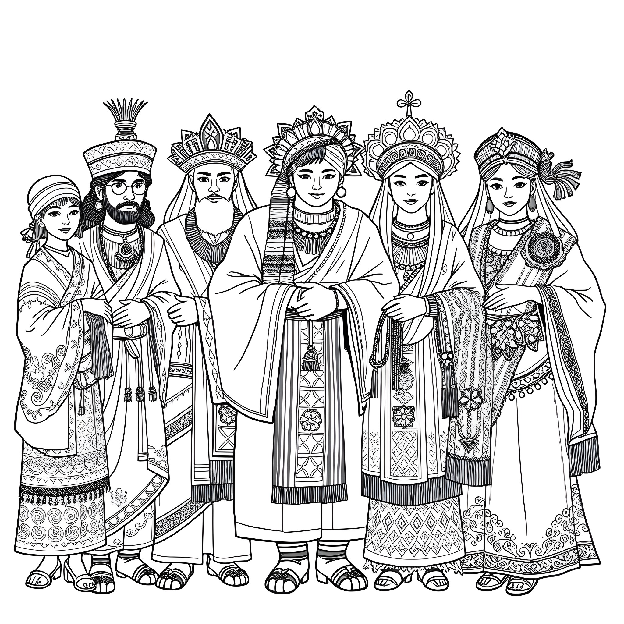 Clothing of Various Cultures Showcased Coloring Page (free black-and-white line drawing printable PDF for all, from beginners to advanced learners, including children, teens, adults, and seniors)